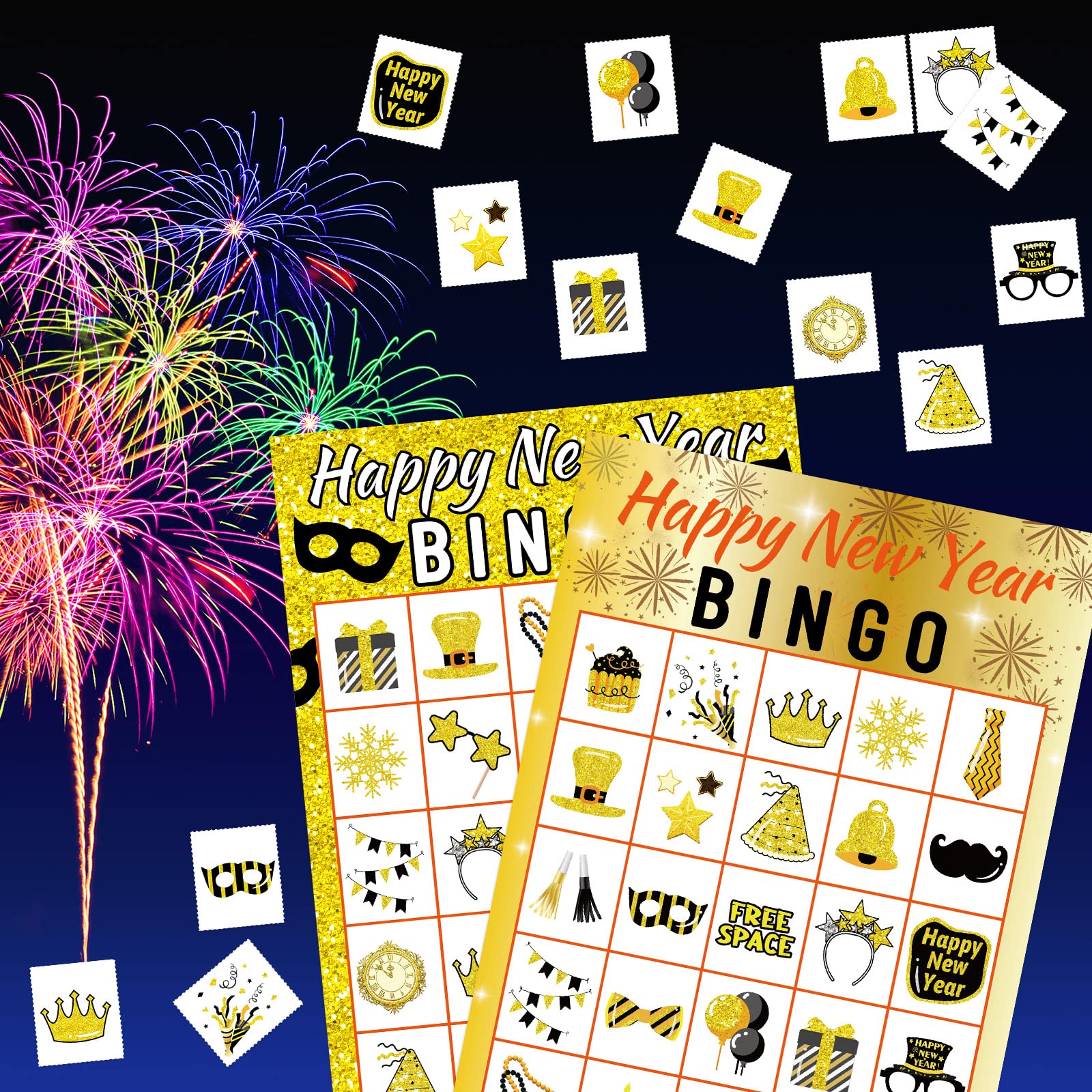 New Year Bingo Game for Kids - 24 Players Holiday Party Supplies Set for Classroom, Family Reunion & New Years Eve Celebration