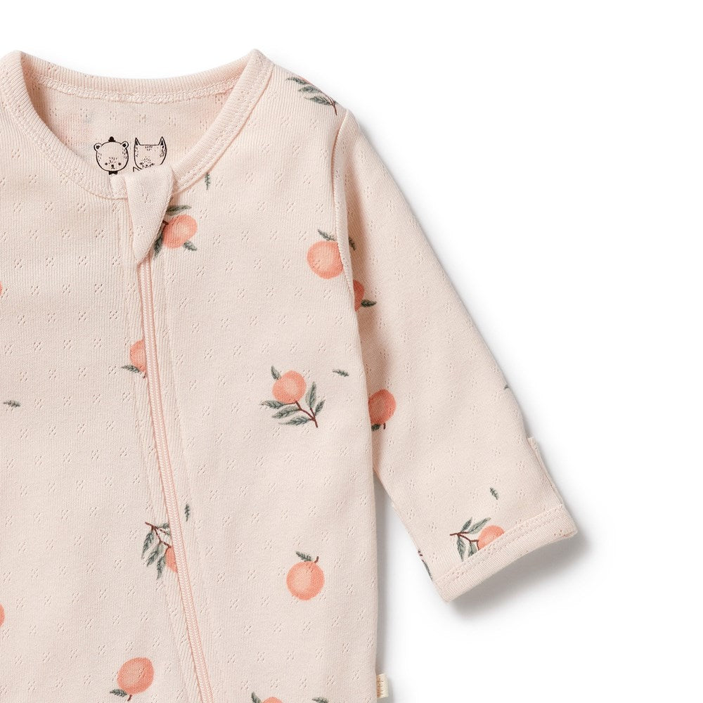 Organic Cotton Peaches Pointelle Zipsuit with Feet - Soft Baby Sleepwear for Newborns & Infants | Perfect for Nursery, Daycare & Snuggling