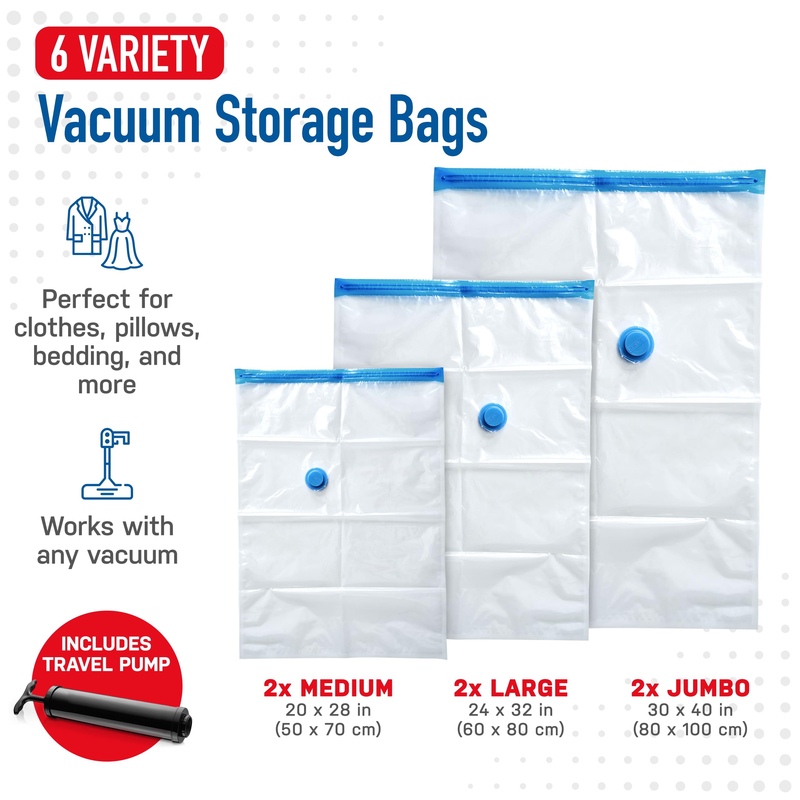 12-Pack Vacuum Storage Bags with Hand Pump - Space Saving Compression Bags for Clothes, Comforters & Bedding (3 Small, Medium, Large, Jumbo) - Perfect for Travel, Home Organization & Seasonal Storage