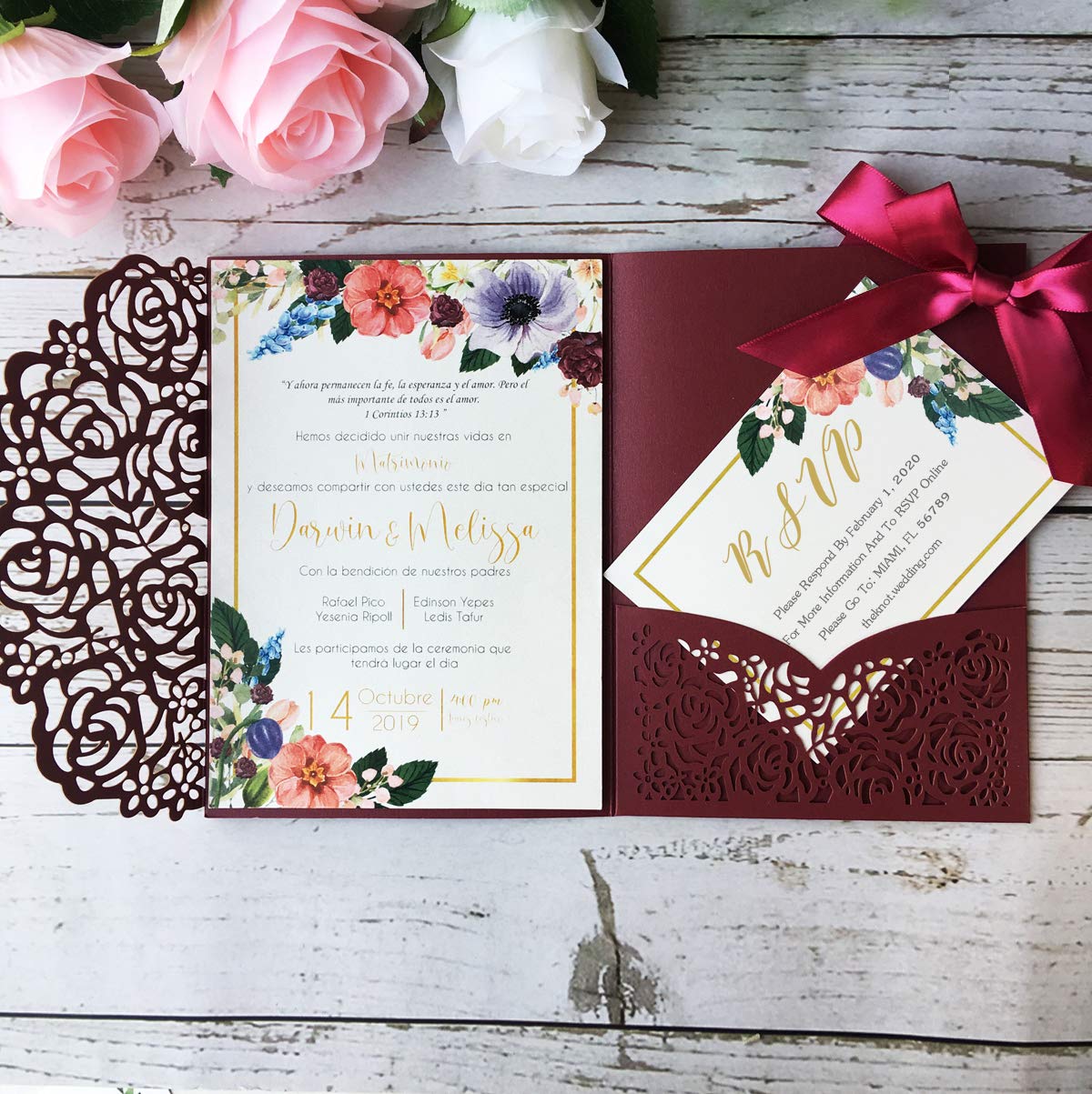 50PCS Personalized Burgundy Laser Cut Wedding Invitations with Envelopes - Hollow Rose Pocket with Ribbon & RSVP Cards - Elegant Invites for Wedding, Quinceañera, Bridal Shower & Special Events