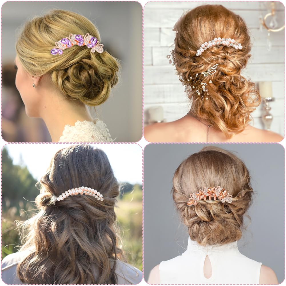 4 Pcs Pearl Rhinestone Hair Combs for Women - Rose Gold Wedding & Party Hair Accessories with Crystal Decorations - Perfect for Bridal, Prom, and Everyday Styling