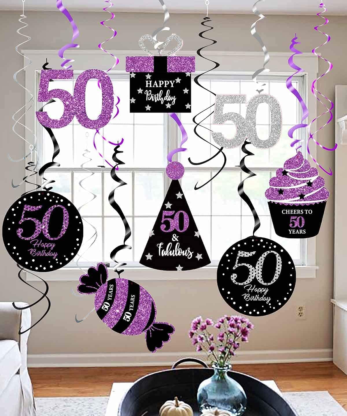 50th Birthday Party Decorations for Women - Purple, Silver & Black Foil Hanging Swirls | Elegant Women's 50th Birthday Party Supplies | Perfect for Milestone Celebrations, Photo Backdrops & Venue Decorations
