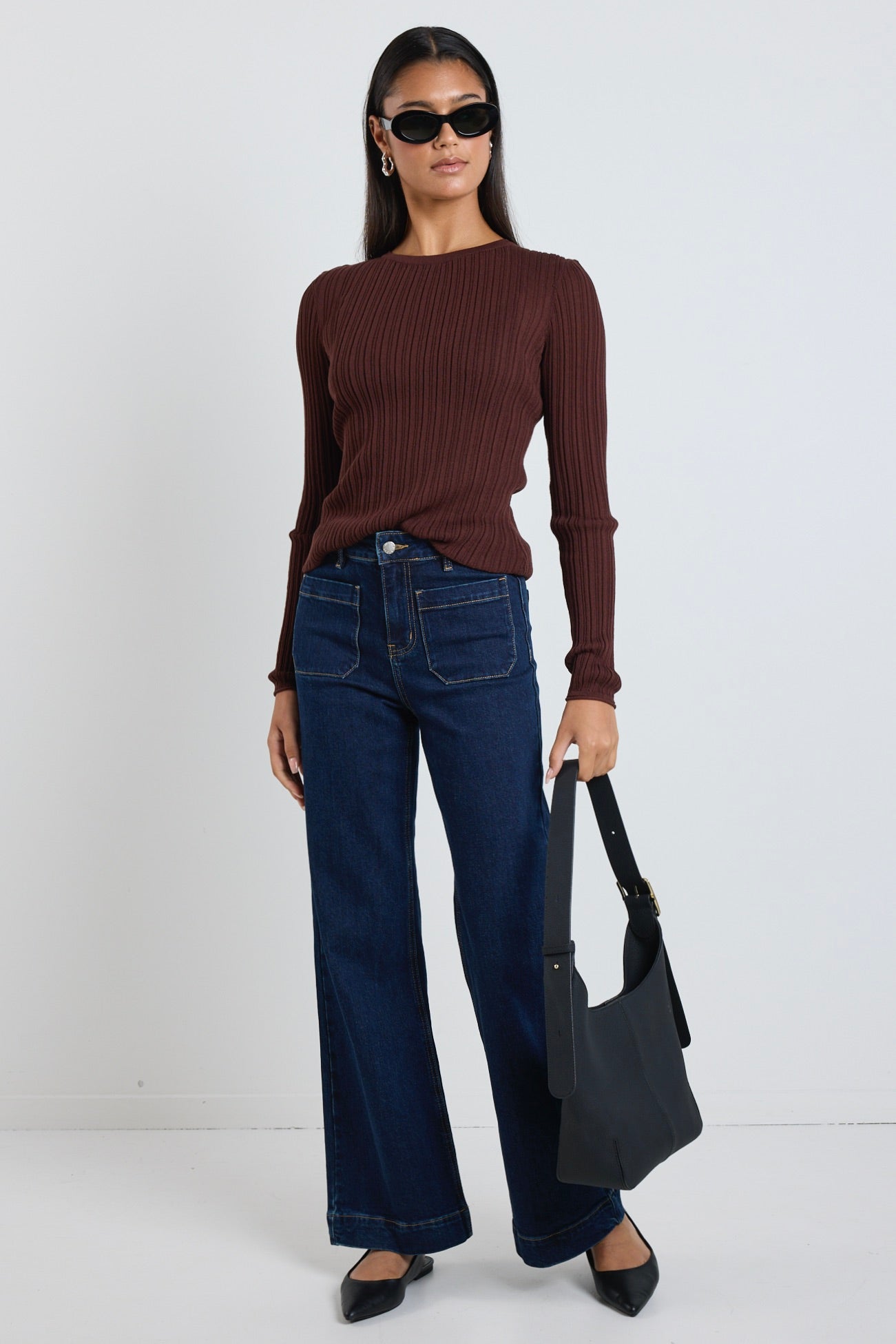 Fragment Chocolate Sheer Rib Long Sleeve Knit Top for Women - Elegant Casual Wear for Office, Date Night & Fall Layering