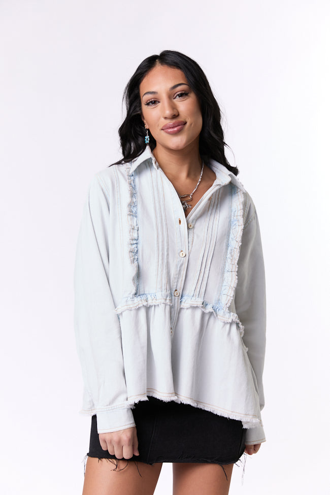 Light Wash Ruffle Trim Peplum Chambray Blouse for Women - Casual Summer Tops for Work & Date Night Outfits