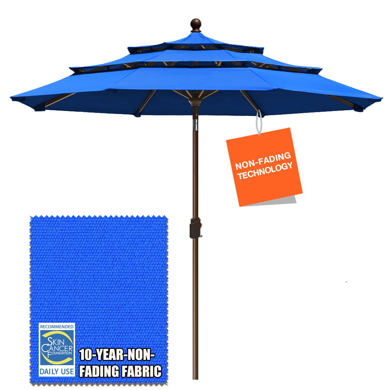 EliteShade USA 10-Year Fade-Resistant 9Ft 3-Tier Patio Umbrella with Ventilation - Royal Blue Outdoor Market Umbrella for Dining Tables, Poolside, and Beach Use