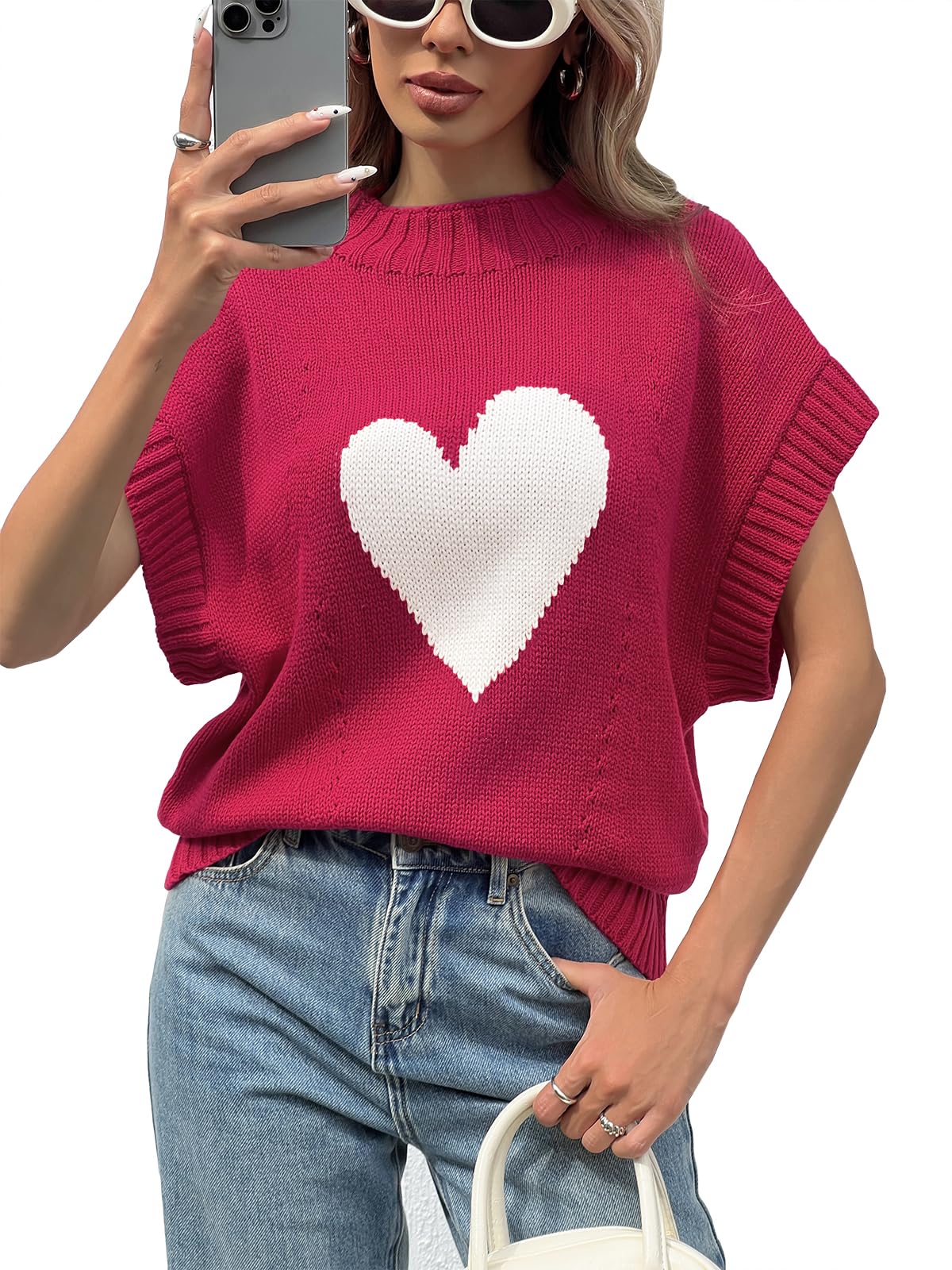Saodimallsu Women's Heart Print Cropped Knit Sweater - Cute Cap Sleeve Mock Neck Valentine's Day Top for Casual Wear & Date Nights