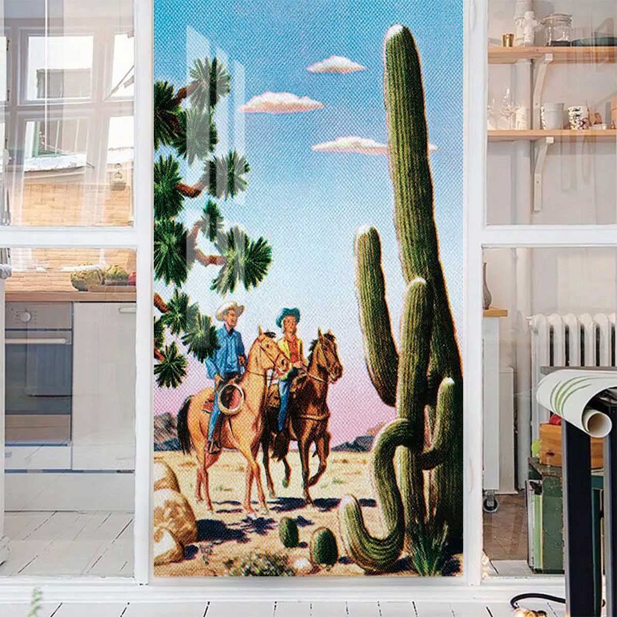 Frosted Glass Window Privacy Film - Static Cling Non-Adhesive Window Covering for Home & Office - UV Protection & Heat Control - Cowboys in The Desert Blue Green Design (17.7