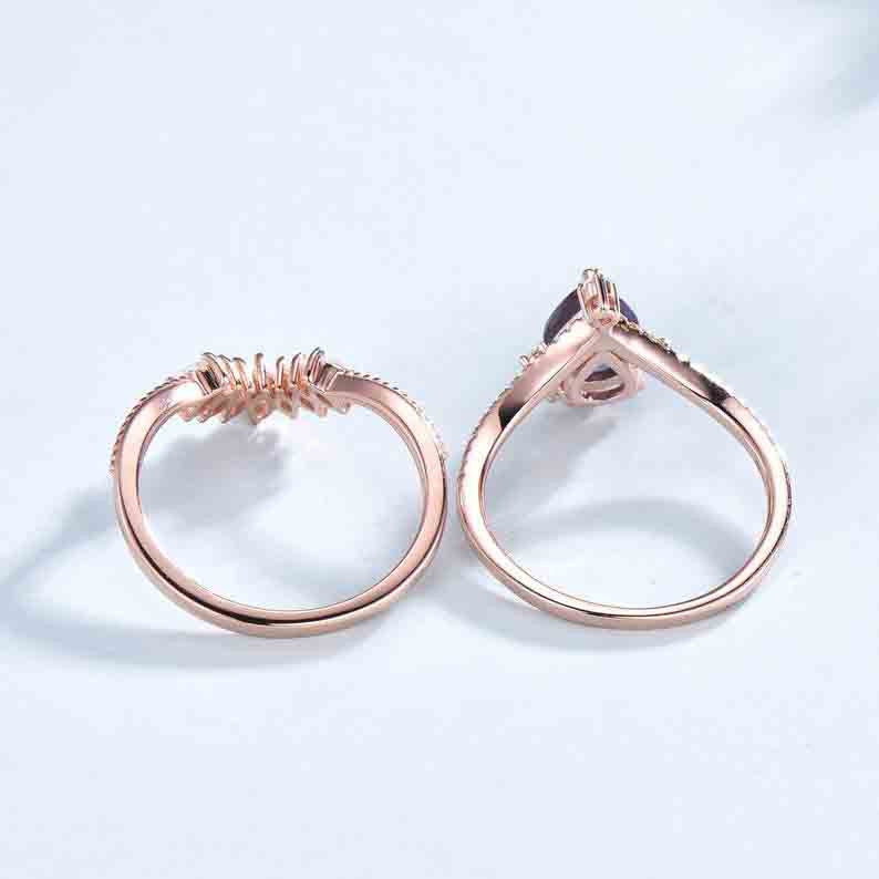 1.2 Carat Pear Shaped Alexandrite Engagement Ring & Wedding Band Set in Rose Gold - Vintage Style Bridal Jewelry for Wedding, Anniversary & Special Occasions