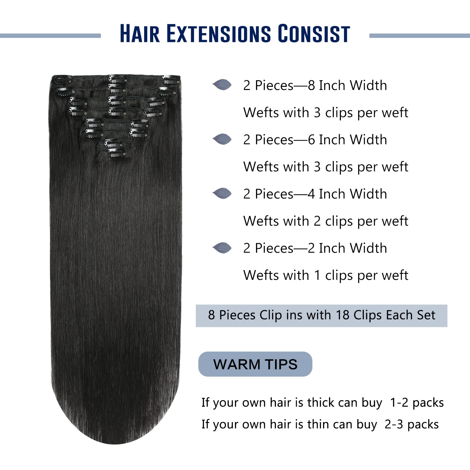 Sunya 18 Inch Clip in Hair Extensions - 8Pcs/120g Double Weft Human Hair Extensions (Jet Black #1) for Straight Hairstyles | Perfect for Parties, Weddings & Daily Styling