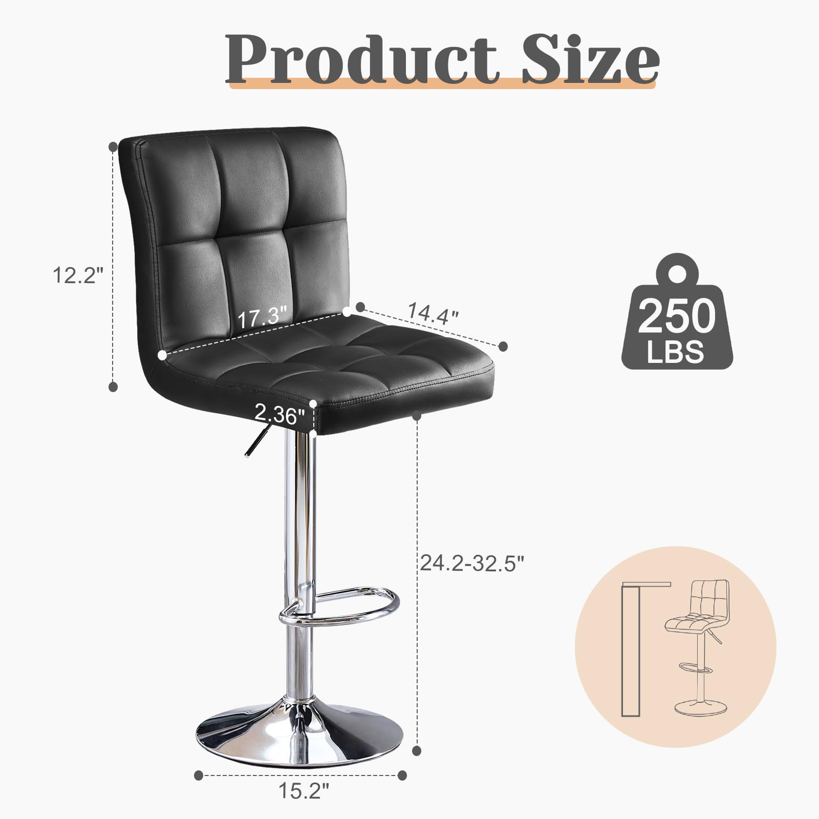 4 Pack Adjustable Swivel Bar Stools - PU Leather Hydraulic Counter Height Kitchen Stools with Thickened Cushion & Back Support, Armless Square Barstools for Kitchen Island, Breakfast Nook & Home Bar