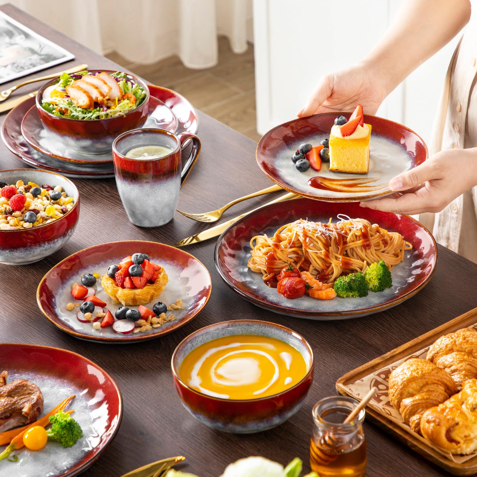 Vancasso Starry 16-Piece Red Dinnerware Set | Reactive Glaze Change Ceramic Plates & Bowls | Elegant Table Setting for Holidays, Parties & Daily Dining