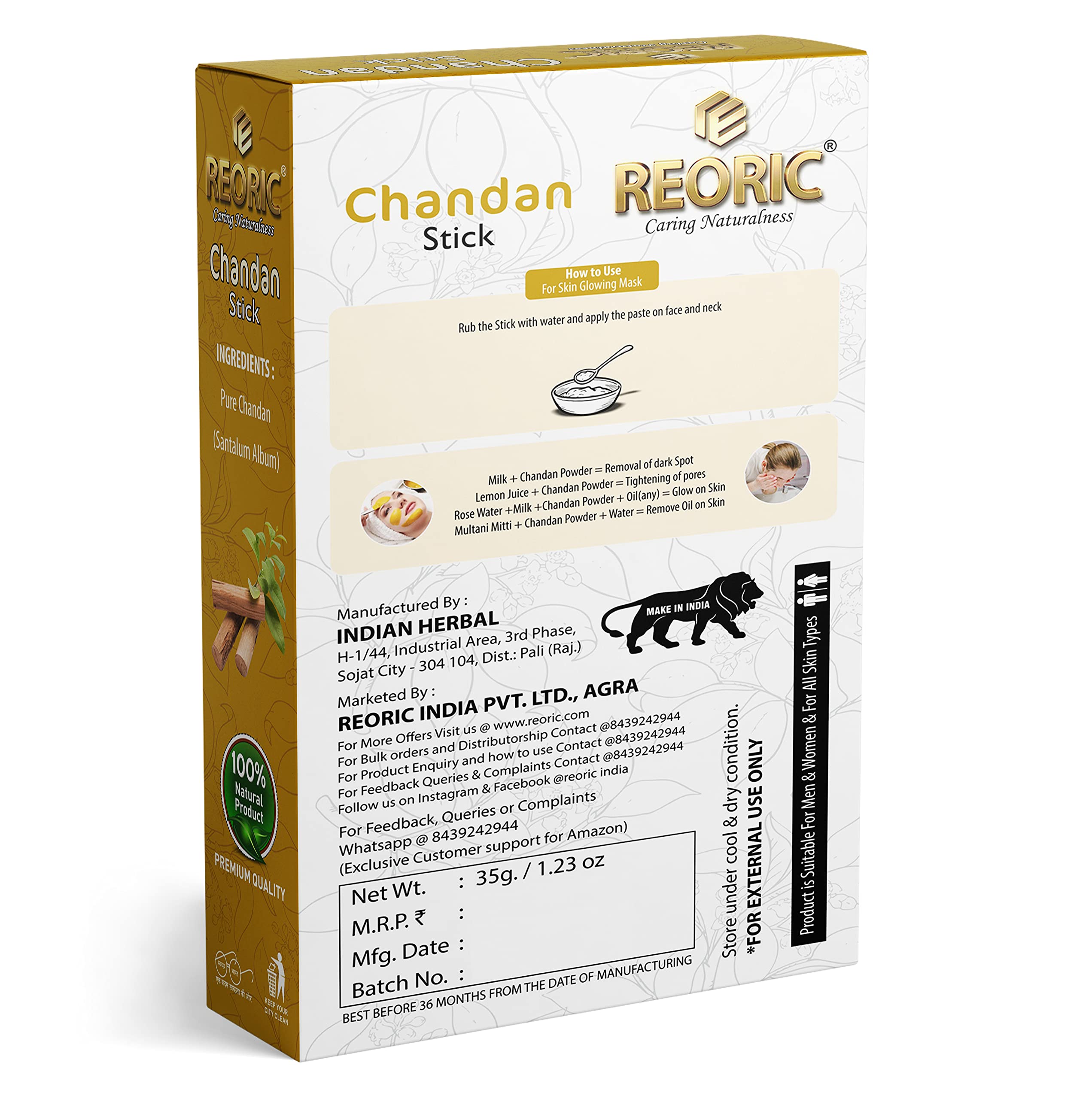 Original Pure Sandalwood Stick for Face & Puja - 35g Natural Chandan Wood Stick for Skincare & Religious Ceremonies - Perfect for Daily Beauty Rituals & Spiritual Offerings