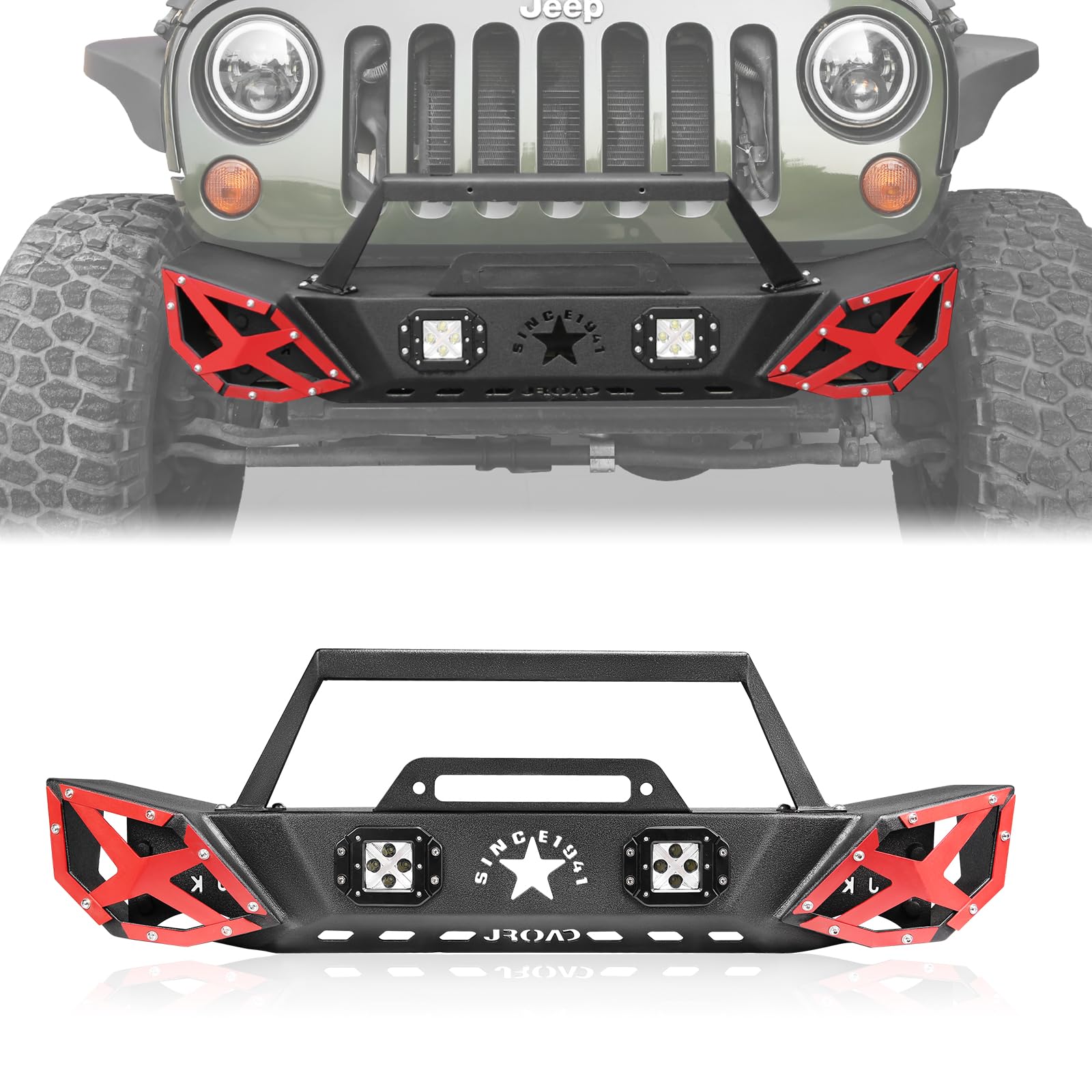Stubby Front Bumper for Jeep Wrangler JK 2007-2018 (2/4 Door & Unlimited) with 2 LED Fog Lights & Winch Plate - Heavy Duty Steel, Textured Powder Coat - Perfect for Off-Roading & Trail Adventures