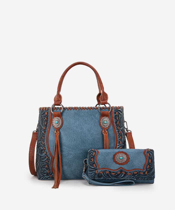 Trinity Ranch Floral Tooled Concho Tote Bag Set - Western Style Leather Handbag for Women - Perfect for Cowgirl Fashion, Rodeo Events & Country Outfits
