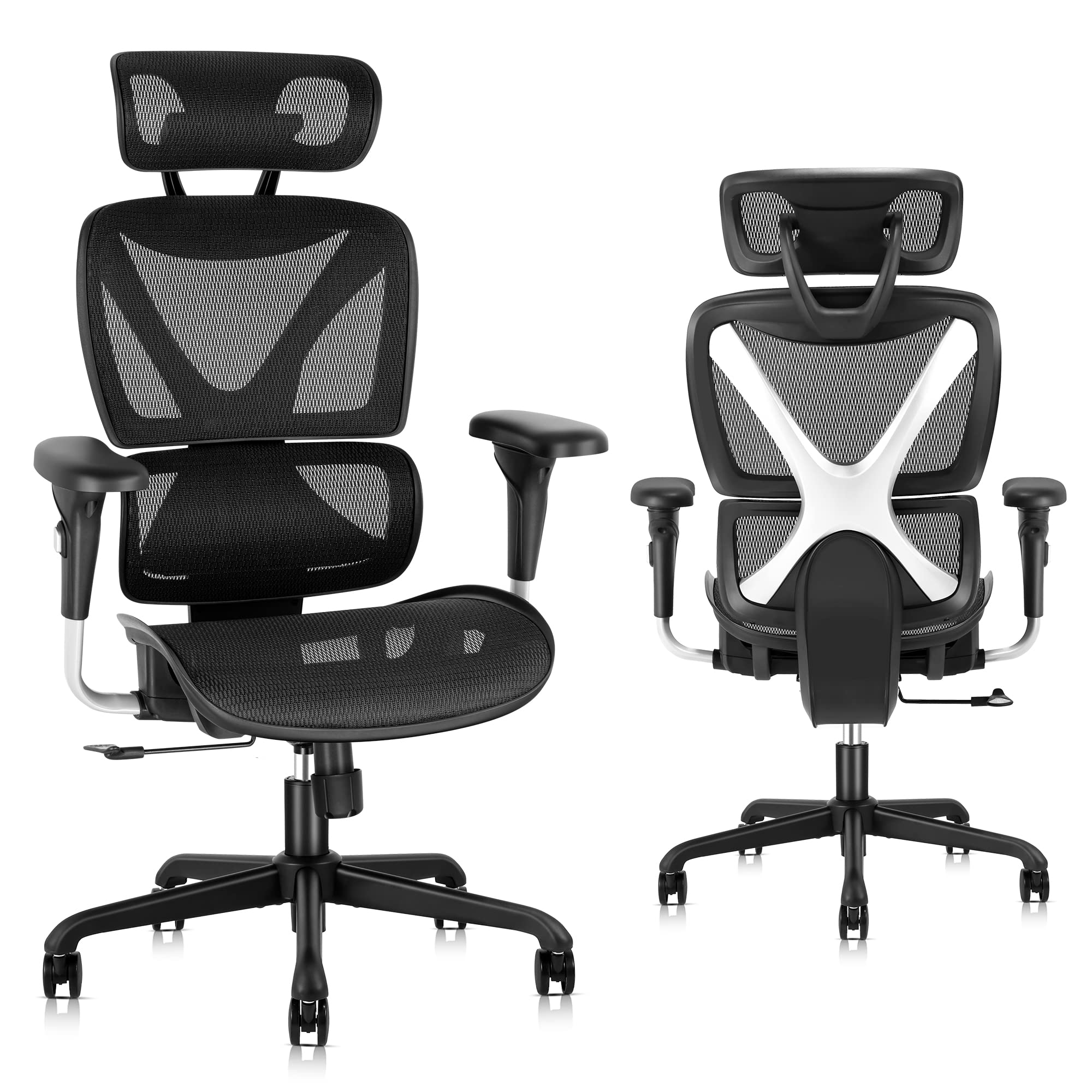 GABRYLLY Ergonomic Office Chair - Large Mesh Computer Desk Chair with Adjustable Lumbar Support, Sliding Armrest & Headrest - High Back Swivel Task Chair with Tilt Function (Black) - Perfect for Home Office, Gaming & Workspaces