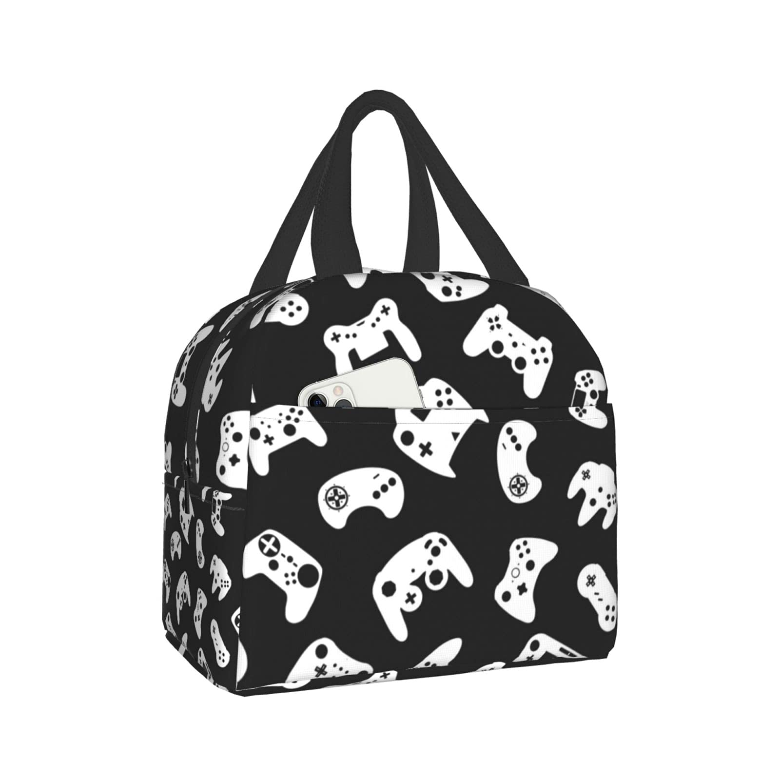 Duduho Reusable Lunch Bag - Compact Tote Lunch Box for Women & Men - Black/White Video Game Controller Design - Perfect for School, Office, Work & Picnics