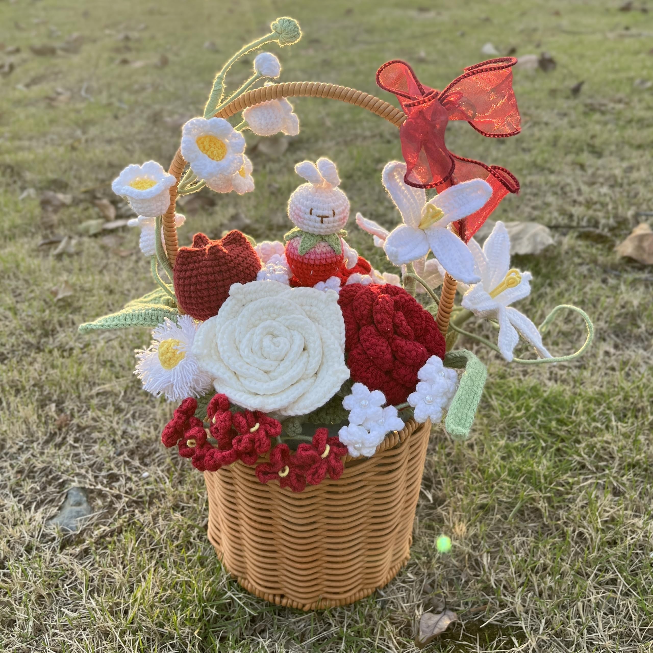 JOMODECOR Handmade Crochet Flower Basket - Artificial Potted Flowers with Strawberry, Bunny, Daisy, Tulip & Rose - Perfect Gift for Girlfriend, Mom & Women - Home Office Desk & Bedroom Decor (Red) - Ideal for Wedding Centerpieces, Baby Showers & Spring Home Decor