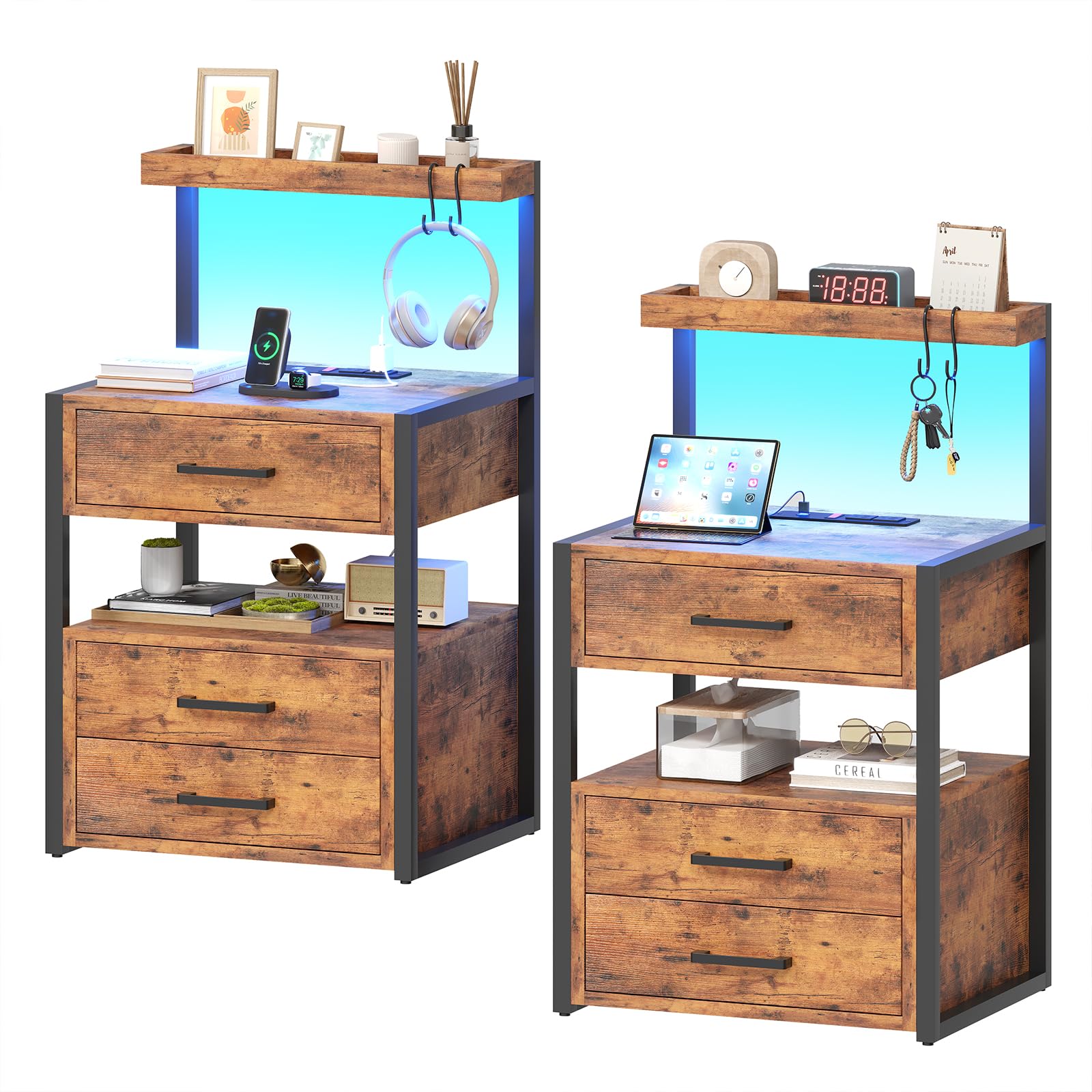 AOGLLATI Nightstand Set of 2 with USB Charging Station & LED Lights, 3-Drawer Bedside Table with Open Shelves, 2 USB Ports & 2 AC Outlets - Rustic Brown Modern Bedside Storage for Bedroom, Living Room & Office Use