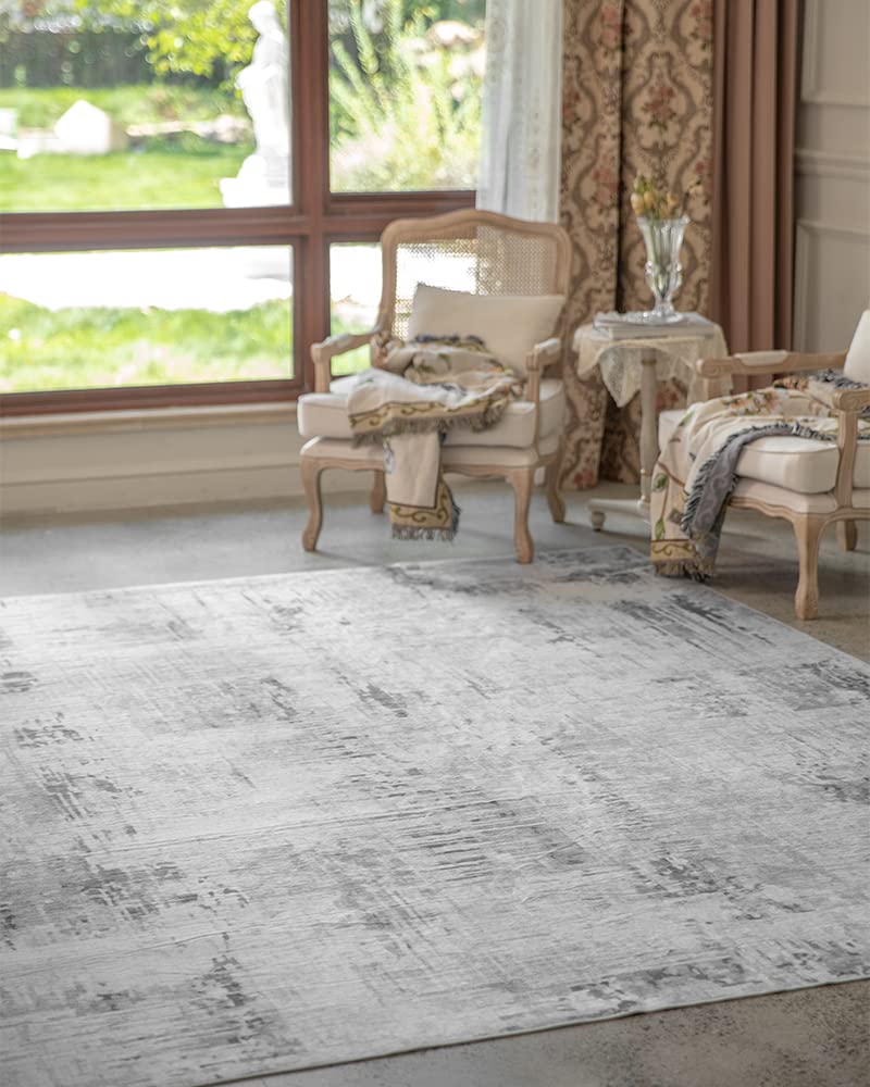 RESARE Modern Abstract Distressed Area Rug 8x10 - Machine Washable Gray Rug for Living Room, Bedroom & Home Decor | Soft & Durable Floor Covering