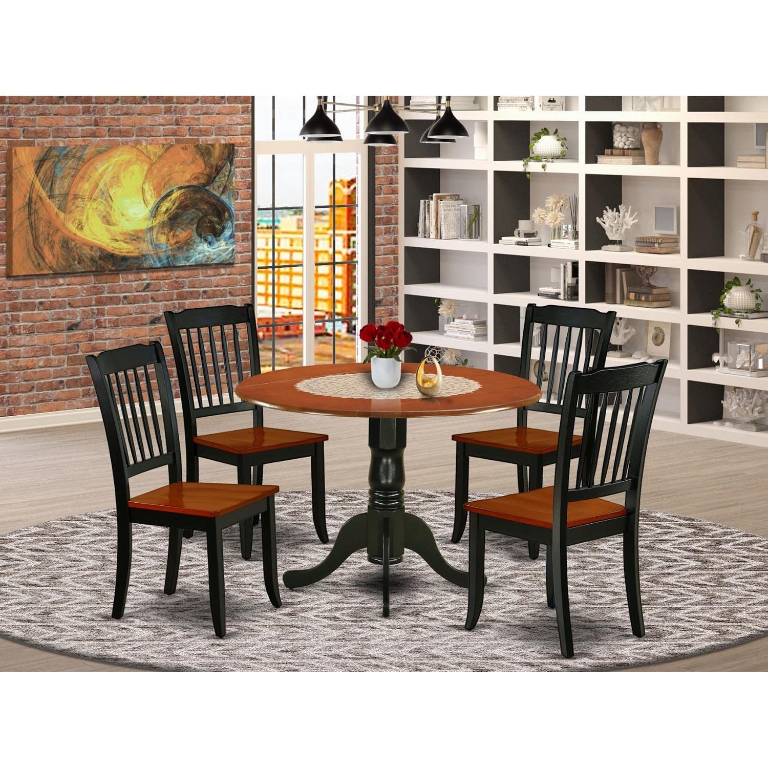 East West Furniture DLDA5-BCH-W 5-Piece Round Dining Table Set with Drop Leaf & 4 Chairs, 42x42 Inch, Black & Cherry - Perfect for Small Kitchens, Breakfast Nooks & Cozy Dining Spaces