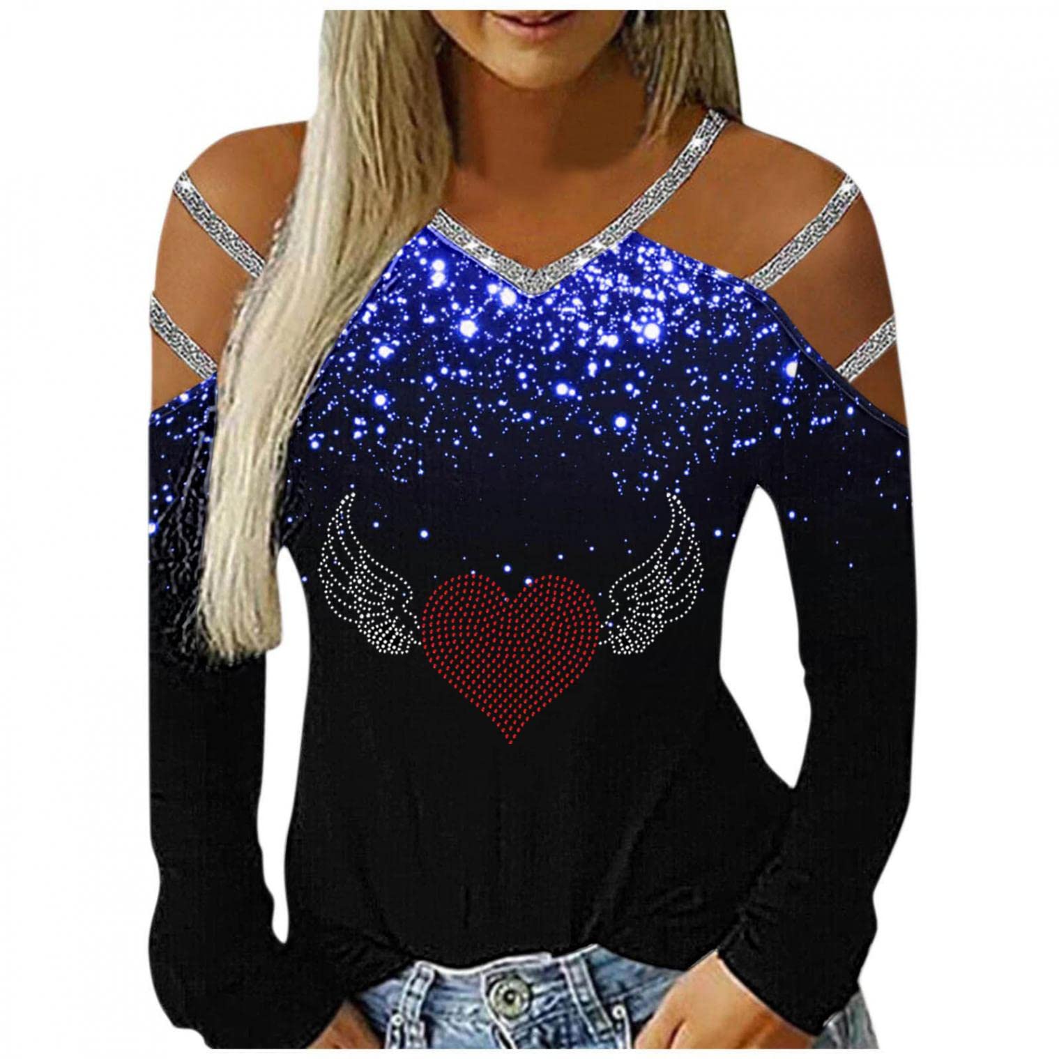 Women's Casual Pullover Crewneck Long Sleeve Blouse - Heart Print Loose Fit T-Shirt Top for Work, Date Night & Everyday Wear