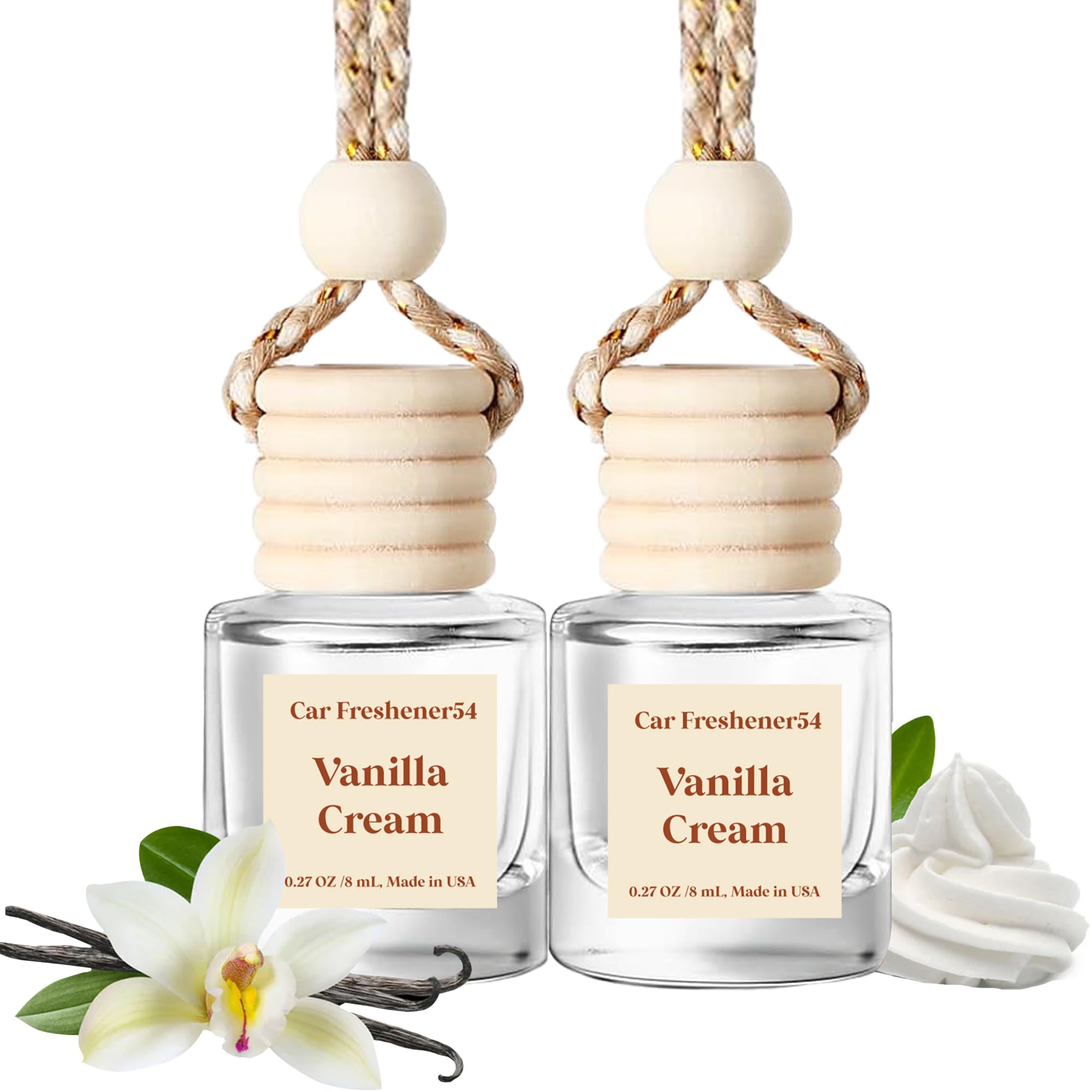 Premium Vanilla Cream Car Air Freshener Hanging Diffuser - Long Lasting Fragrance Oil for Vehicles - 2 Pack USA Made - Perfect for Road Trips & Daily Commutes