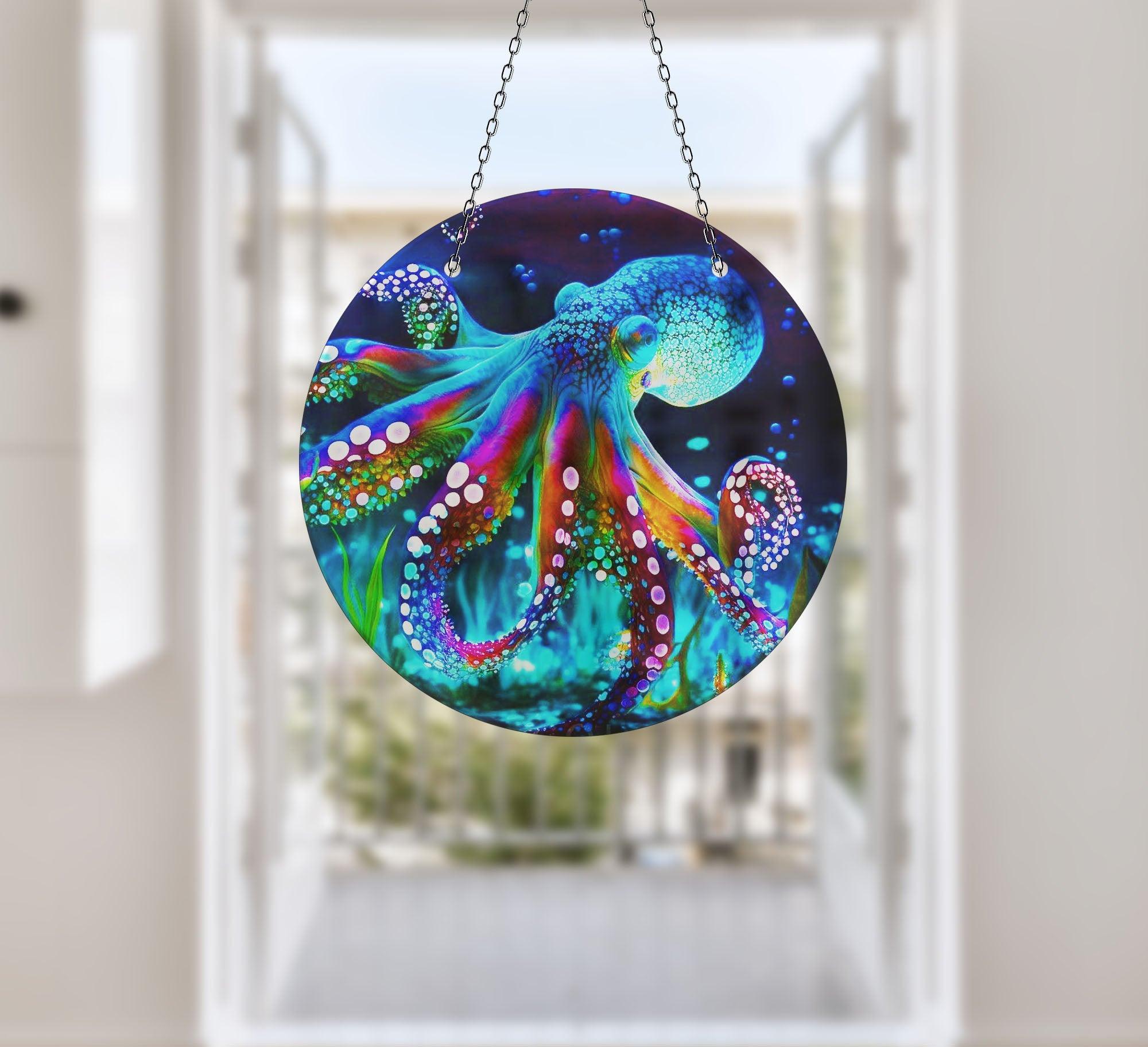 Blue Octopus Suncatcher - Handmade Glass Window Decor for Home & Garden - Perfect for Living Room, Bedroom, Nursery & Office Decor