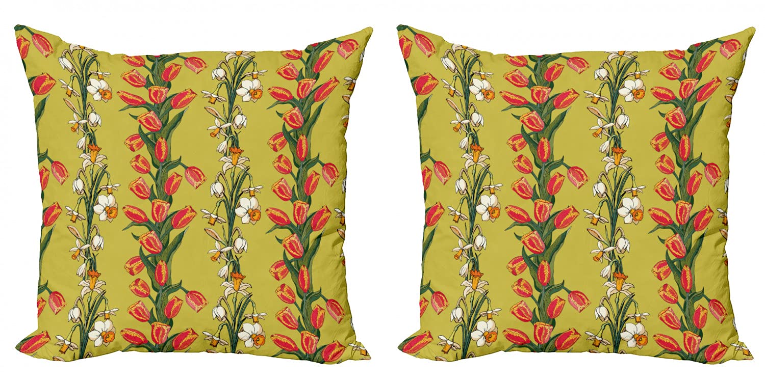 Ambesonne Floral Throw Pillow Covers Pack of 2 - 20 Inch Tulip & Daffodil Leafy Botanical Print Cushion Covers with Zipper, Double-Sided Digital Print in Khaki Multicolor - Perfect for Sofa, Bedroom & Living Room Decor