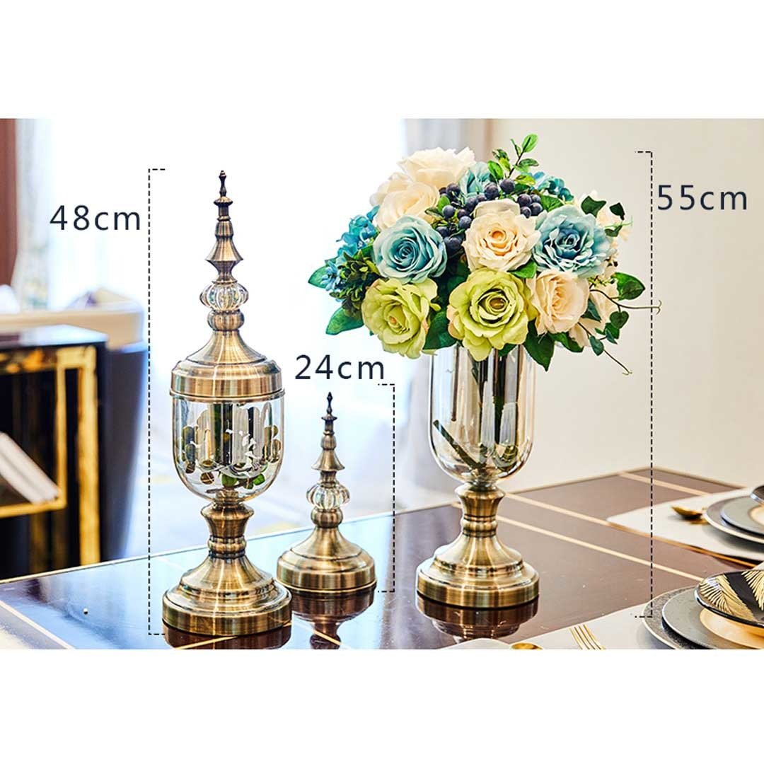 2X Clear Glass Flower Vase with Lid - Blue Flower Filler & Bronze Decorative Vase Set for Home Decor, Wedding Centerpieces, Tabletop Arrangements