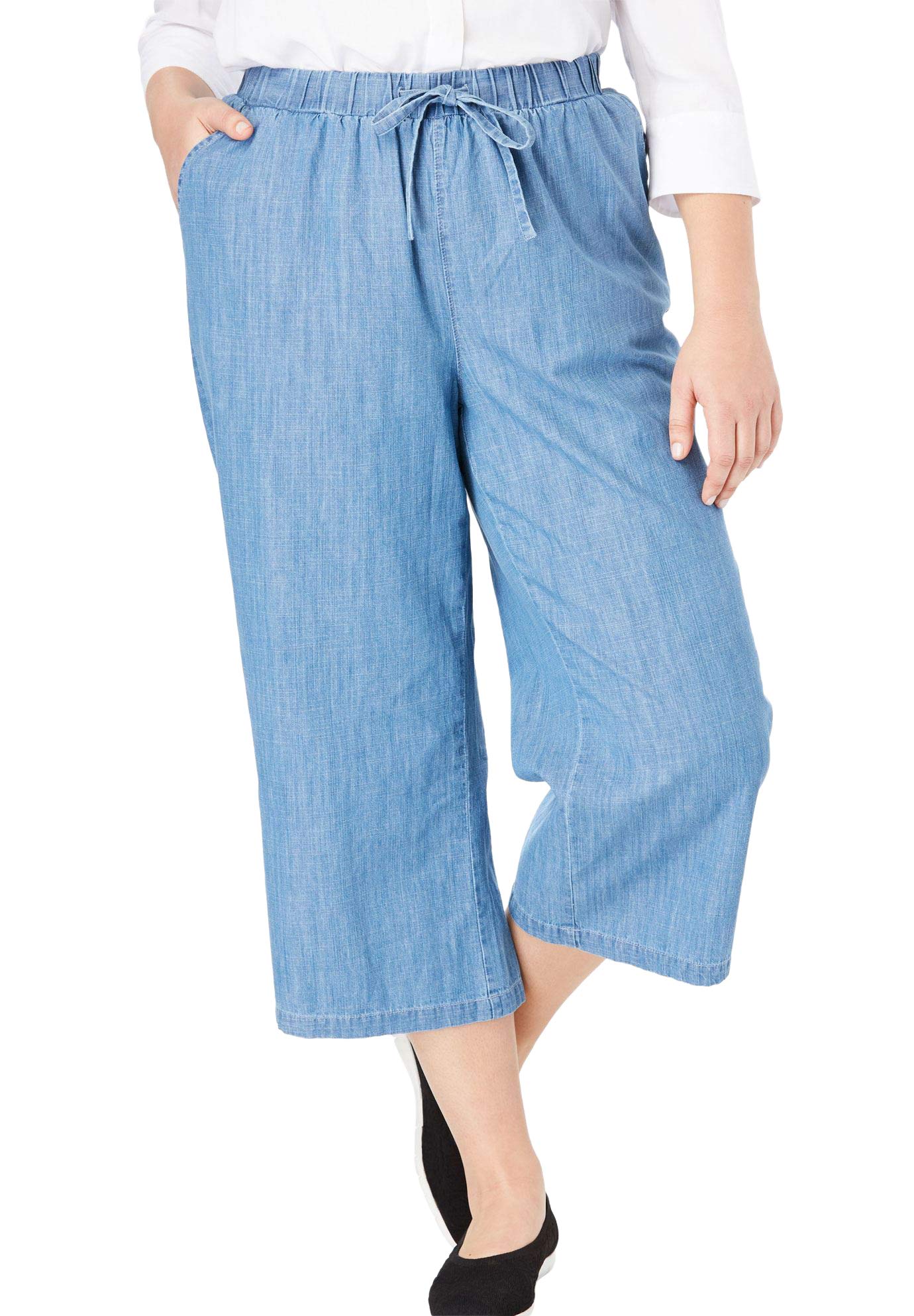 Woman Within Women's Plus Size Drawstring Denim Capri Pants - Comfortable Stretch Jeans for Casual Wear & Summer Outfits