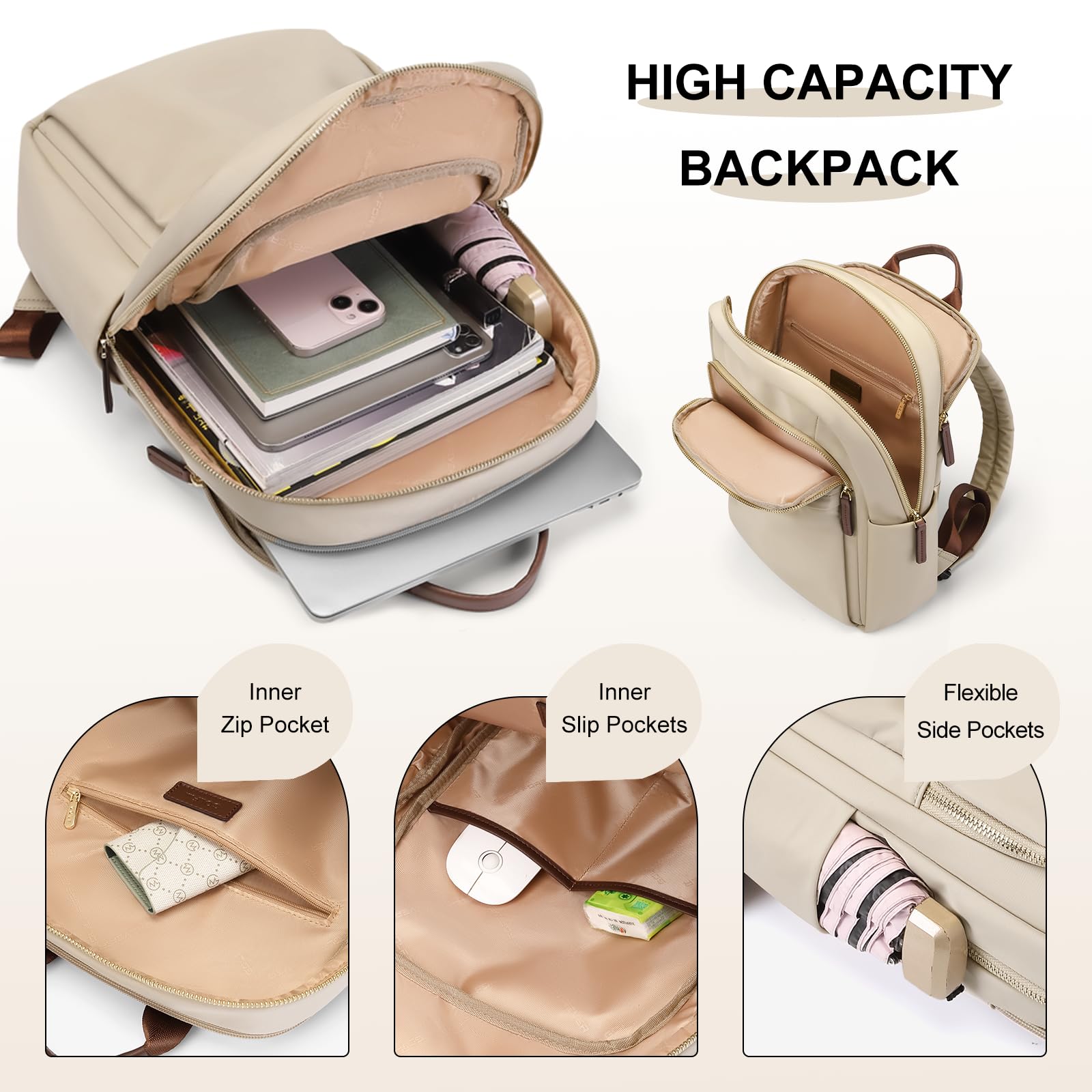 Stylish Women's Laptop Backpack for Travel, Work & Commute - Casual Daypack with Purse Design, Fits 14 Inch Notebook (Apricot) - Perfect for Office, School & Daily Use
