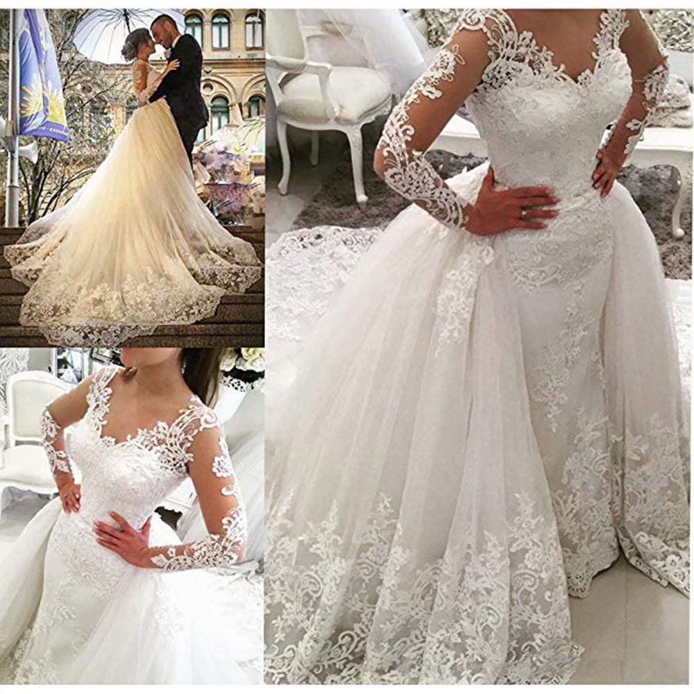 Elegant Mermaid Wedding Dresses for Bride - Long Sleeve Beaded Lace Bridal Gown with Detachable Train | Perfect for Beach, Church & Formal Weddings