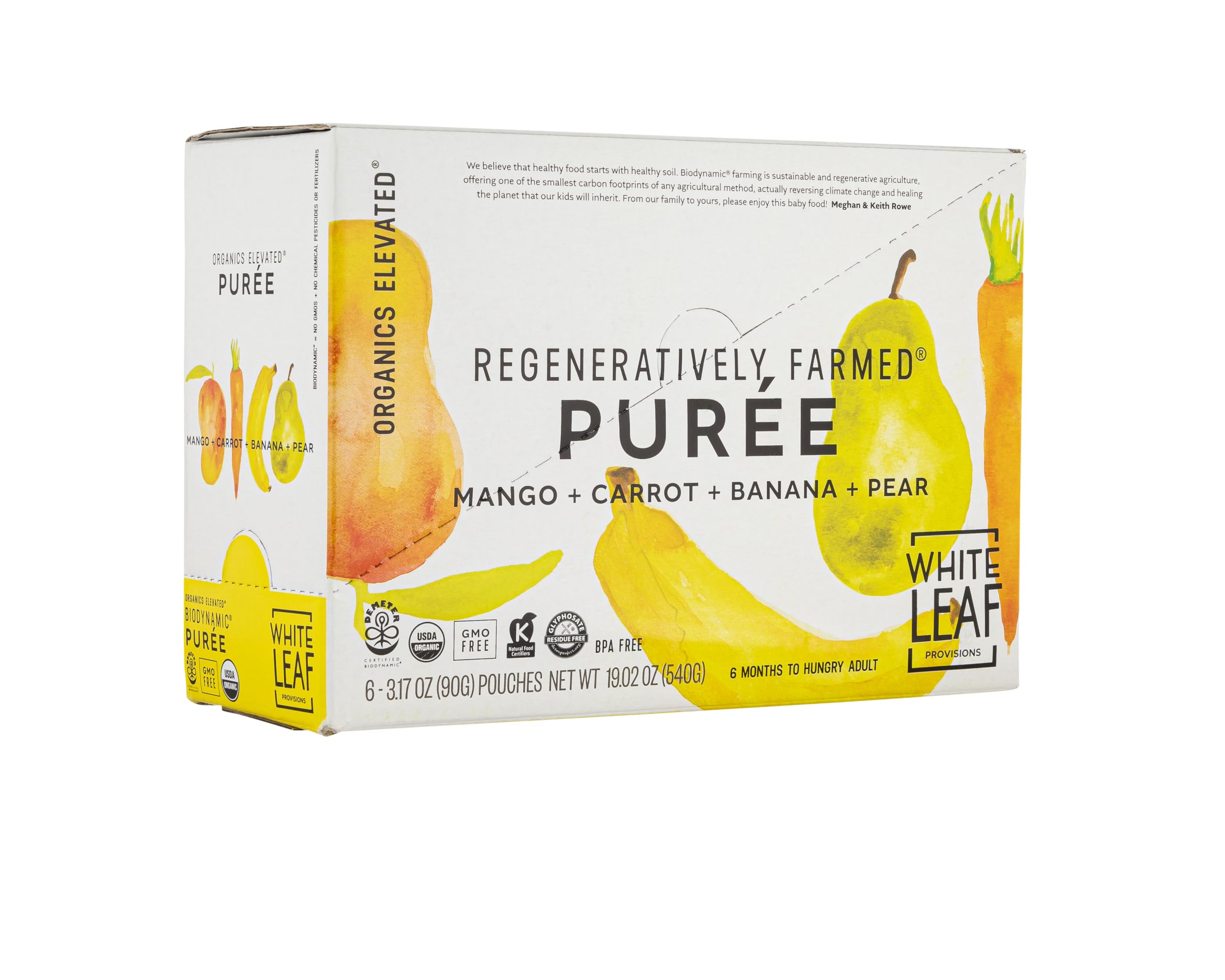 Organic Baby Food Pouches by White Leaf Provisions - USDA Certified, Non-GMO, BPA Free Squeezable Toddler Snacks - 24 Pack (90g Each, Mango Carrot Banana Pear) - Healthy On-the-Go Meals for Babies & Toddlers