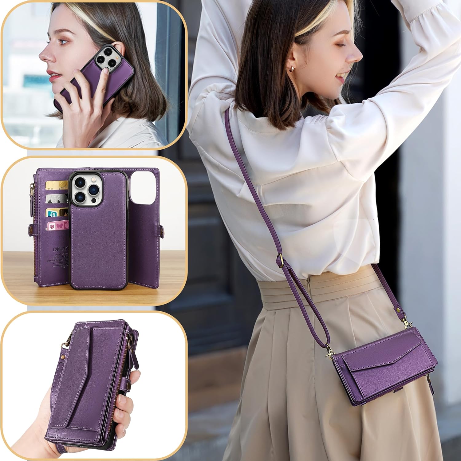 iPhone 15 Pro Wallet Case with Card Slots & Crossbody Strap - Purple Leather Phone Cover Compatible with MagSafe & Wireless Charging | Perfect for Travel, Shopping & Everyday Use