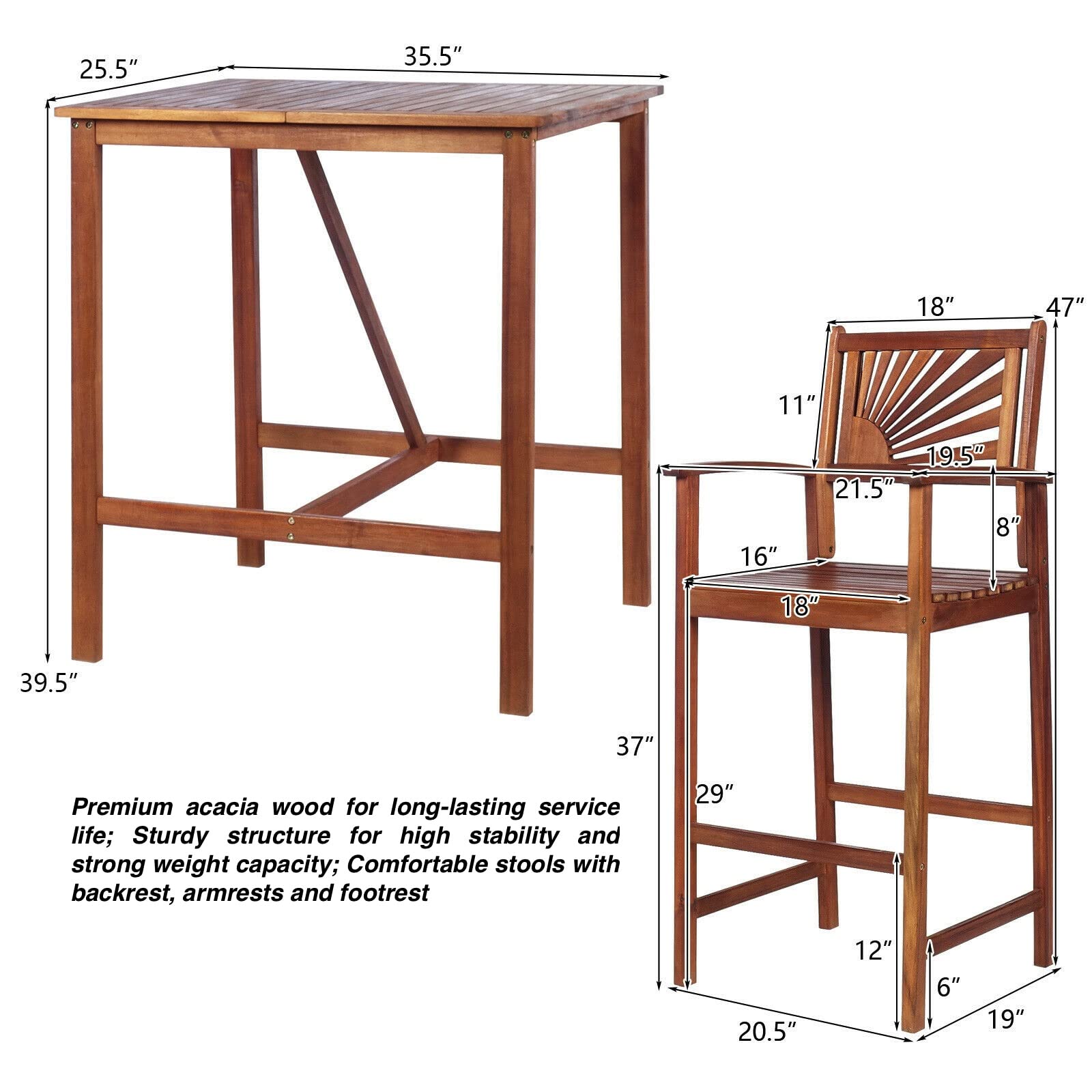3PCS Acacia Wood Bar Set - 1 Bar Table & 2 Bar Stools with Backrest, Armrest & Footrest - Durable Outdoor Dining & Conversation Set - Spacious Tabletop for Patio, Deck, Garden & Indoor Use