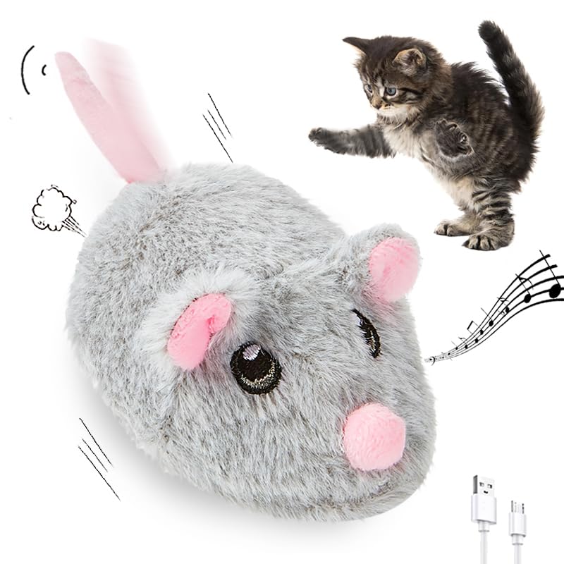 Rechargeable Electric Moving Mouse Cat Toy with Squeaky Sound & Magic Tail - Interactive Automatic Self-Play Kitten Toy for Indoor Cats - Motion Activated Pet Toy (Gray) | Perfect for Playtime, Exercise & Mental Stimulation