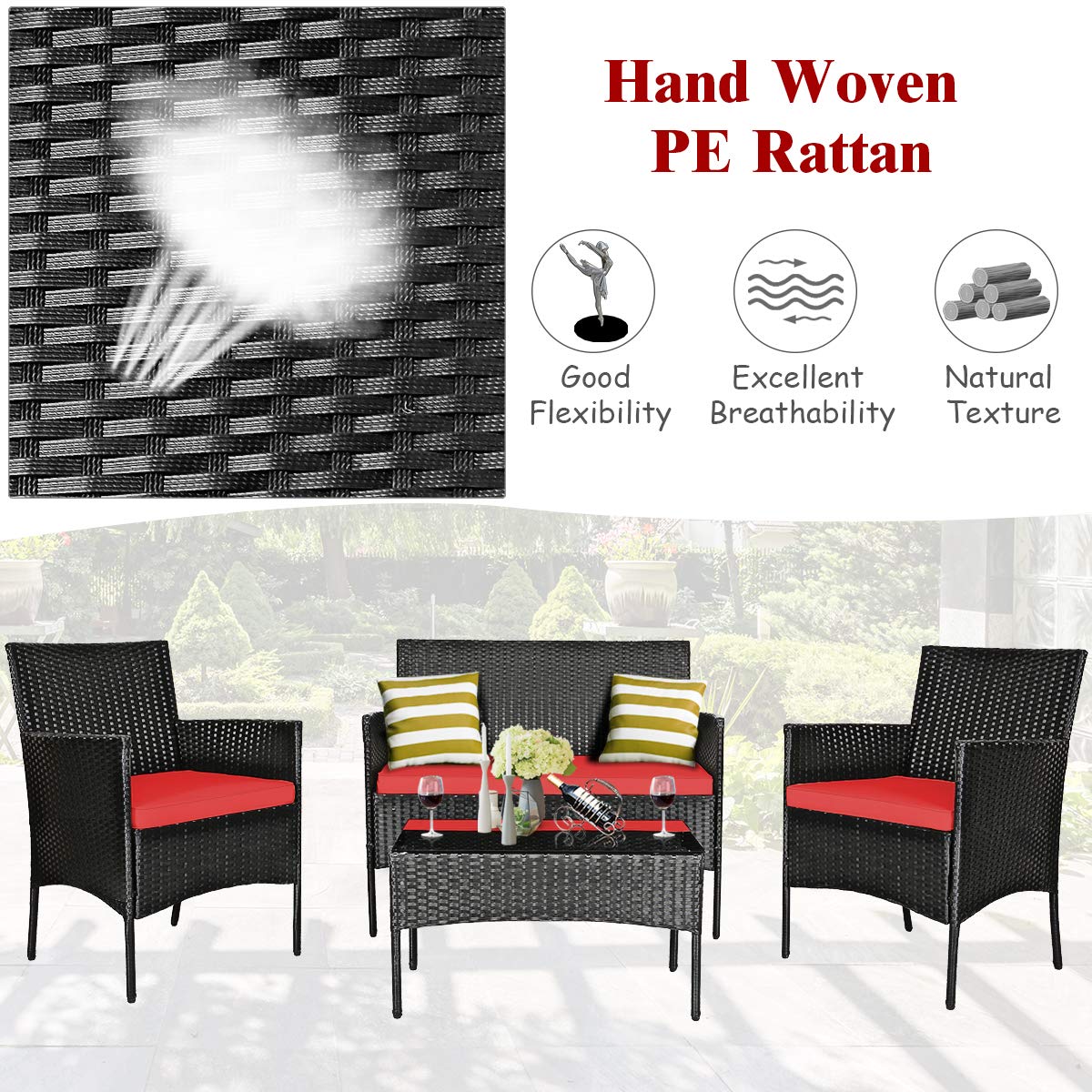 Tangkula 4-Piece Outdoor Patio Furniture Set - Wicker Rattan Loveseat & Chairs with Cushions & Tempered Glass Coffee Table - Durable Conversation Set for Backyard, Garden, Poolside, Porch & Deck (Red)