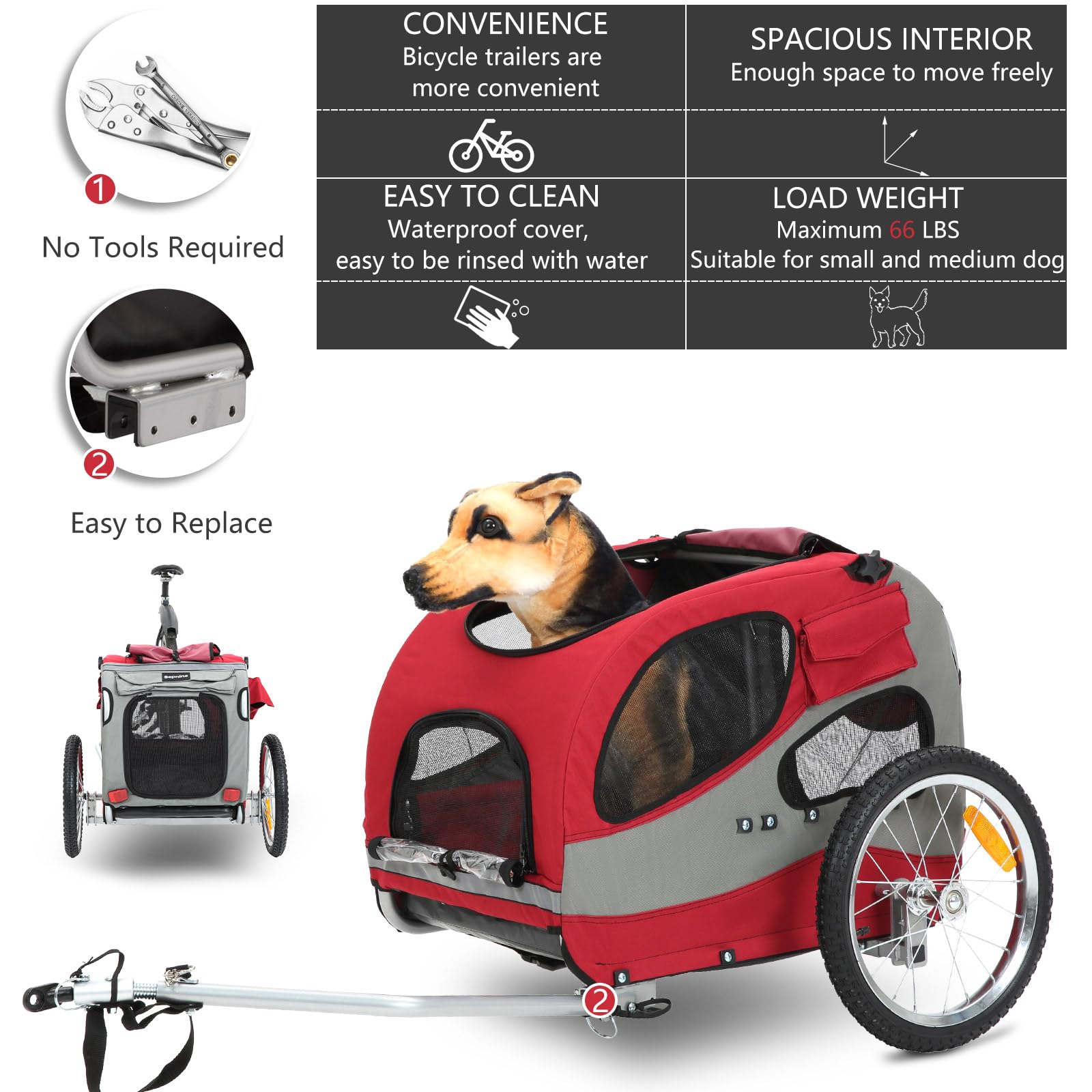 Sepnine Dog Bike Trailer - Foldable Pet Bicycle Cart for Small & Medium Dogs - Quick Release Wheels & Universal Bicycle Coupler - 66LBS Capacity - Perfect for Cycling Adventures, Park Trips & Outdoor Activities with Your Pet