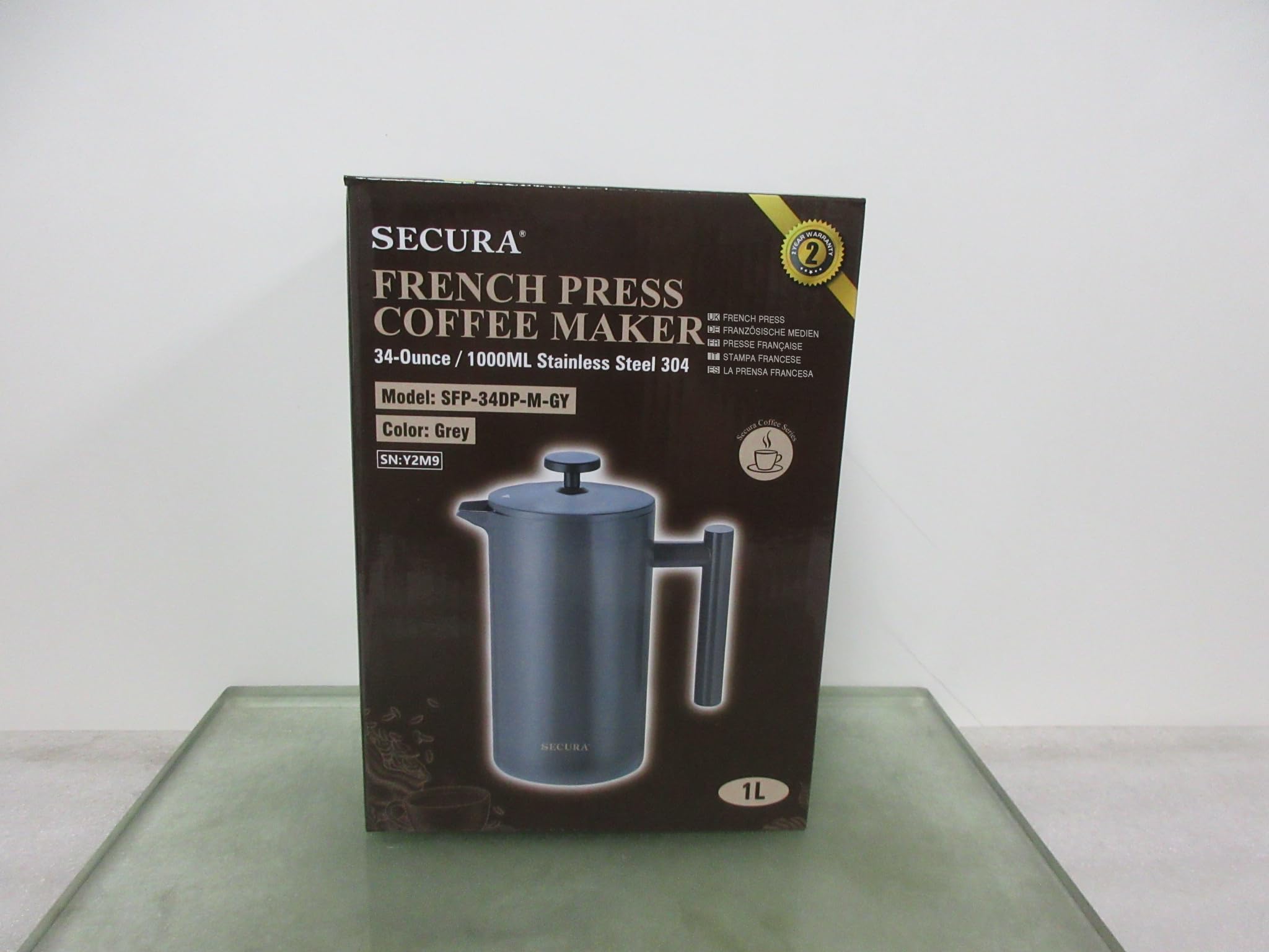 Secura 34oz (1L) Stainless Steel French Press Coffee Maker - 304 Grade Insulated Coffee Press with 2 Extra Screens, Grey - Perfect for Home, Office & Camping Brewing