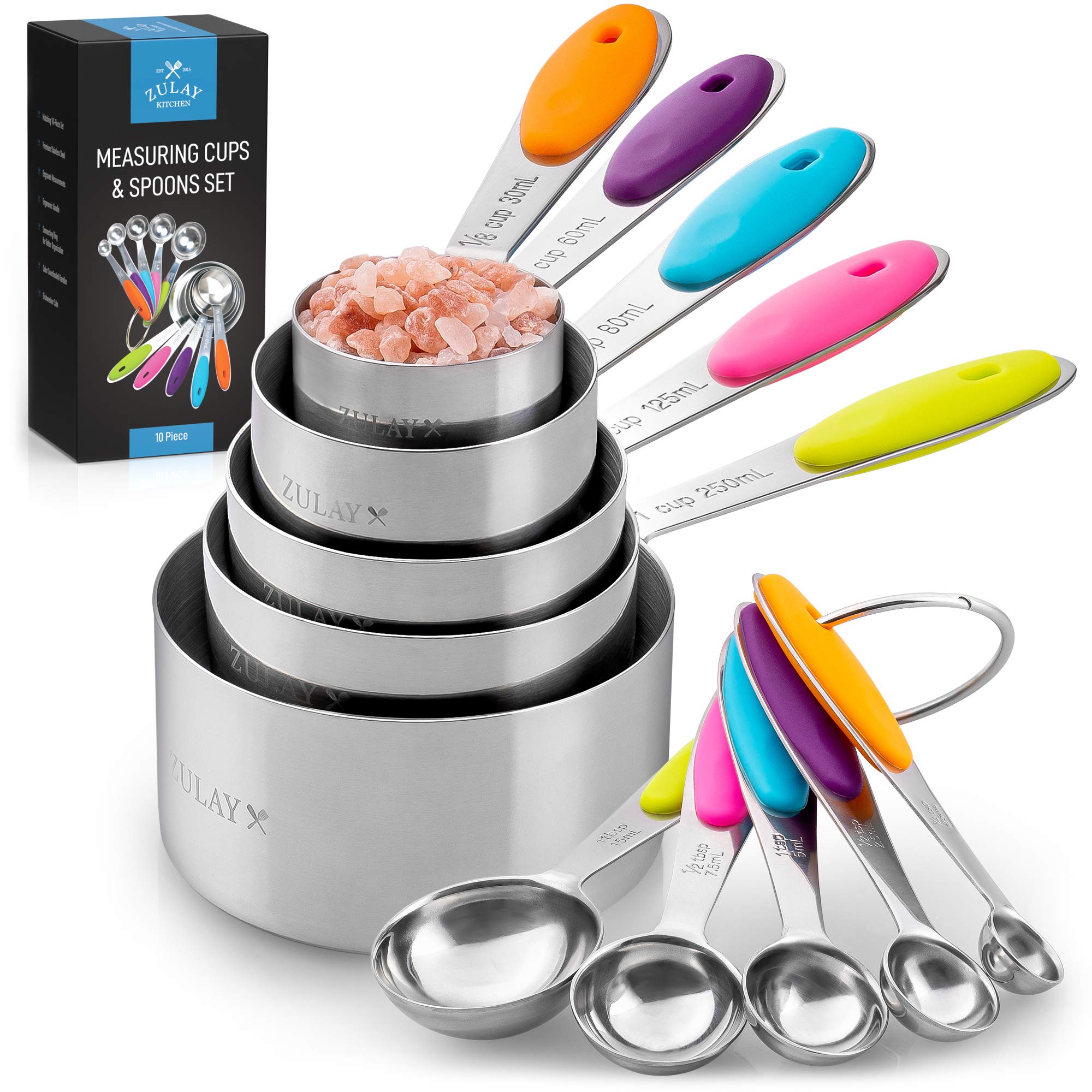 Premium Stainless Steel Measuring Cups and Spoons Set of 10 - Stackable Dry & Liquid Measuring Cups with Ergonomic Silicone Handles - Perfect for Baking, Cooking, and Meal Prep - Essential Kitchen Tools for Home Chefs and Bakers