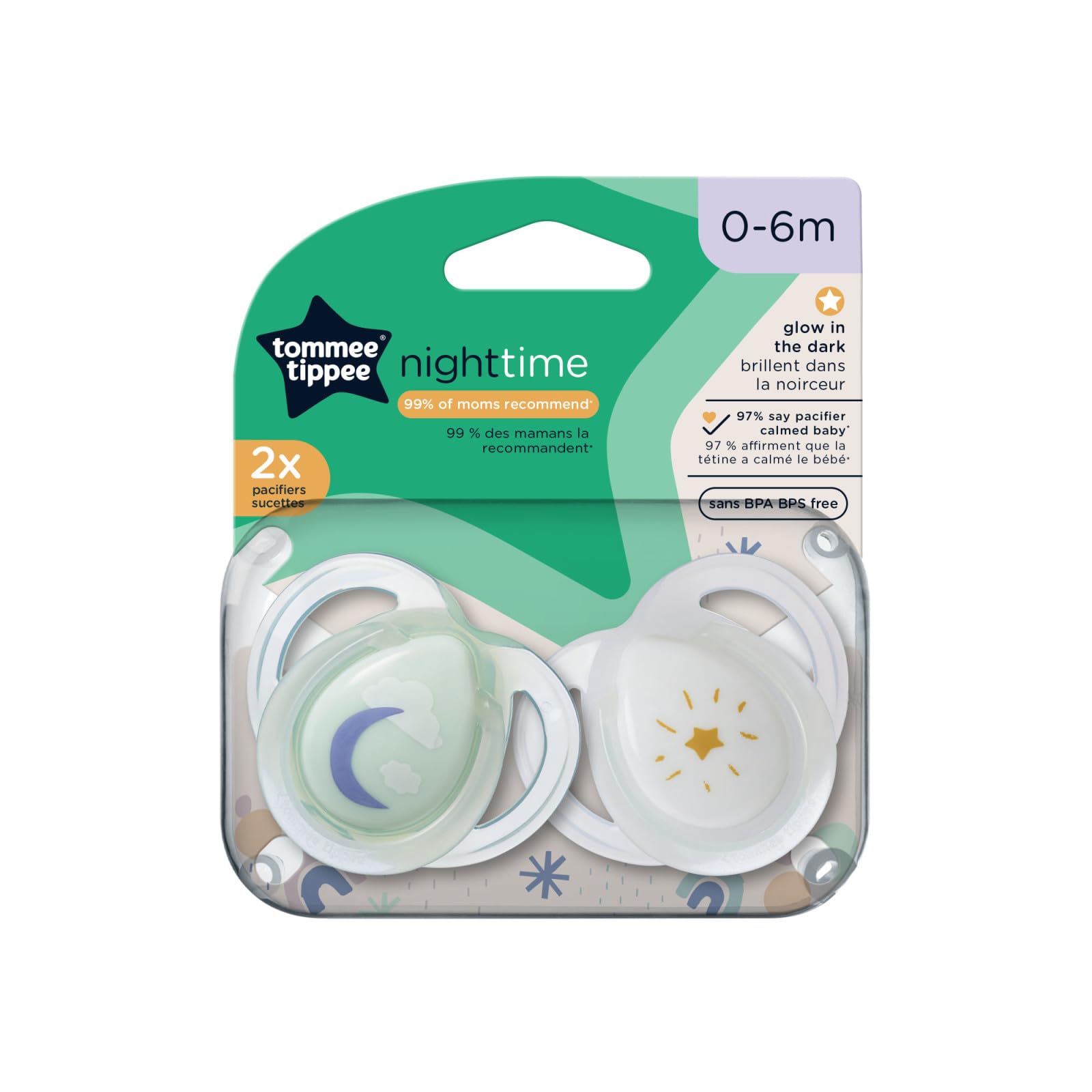 Tommee Tippee Glow in The Dark Pacifiers for Babies 0-6 Months - 2 Pack BPA-Free Silicone Nighttime Pacifiers with Reusable Sterilizer Pod - Essential Newborn Soothers for Sleep Training and Comfort