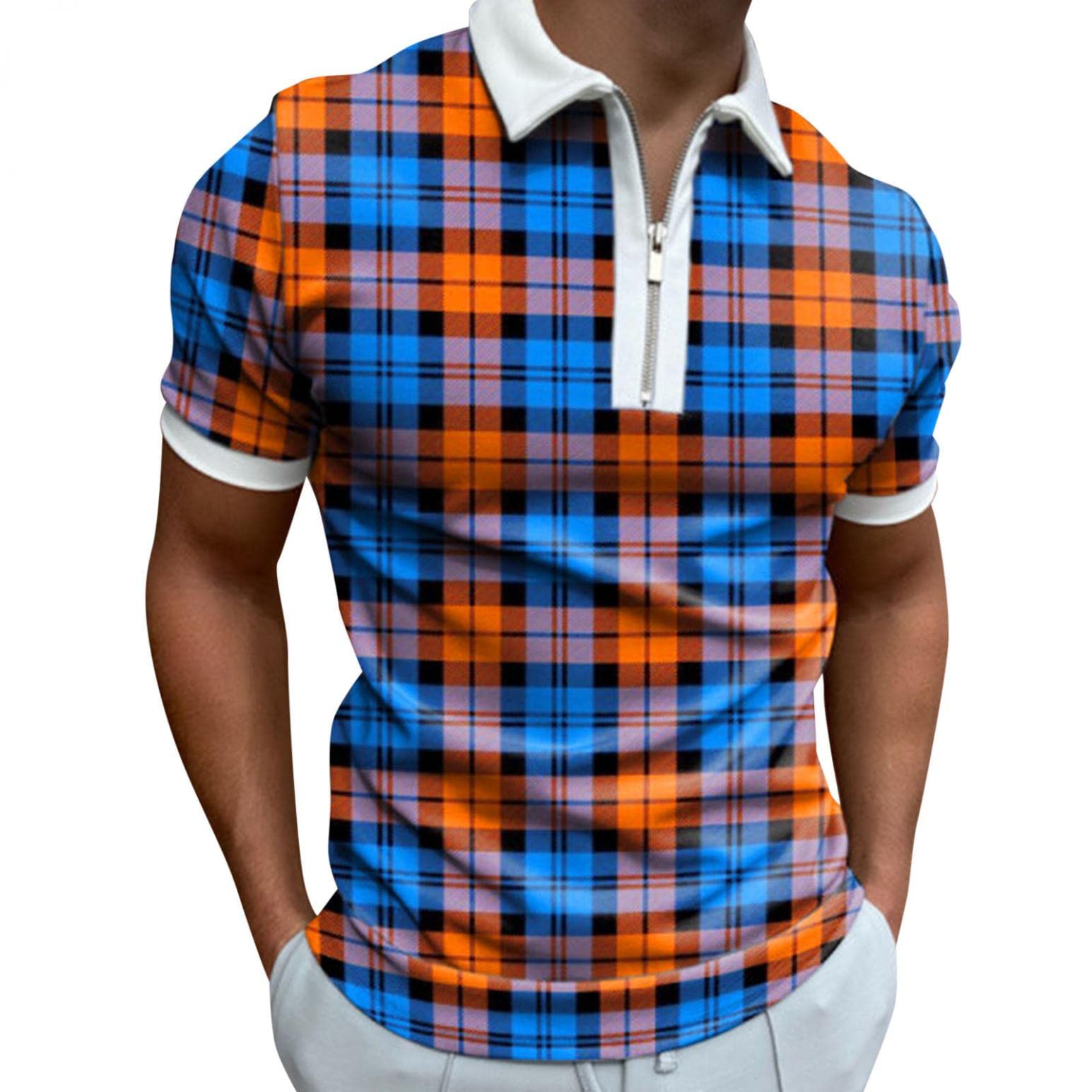 NOLDARES Men's Slim Fit Polo Shirts with Zipper Lapel & Color Block Design - Short Sleeve Casual T-Shirts for Work, Golf, and Everyday Wear