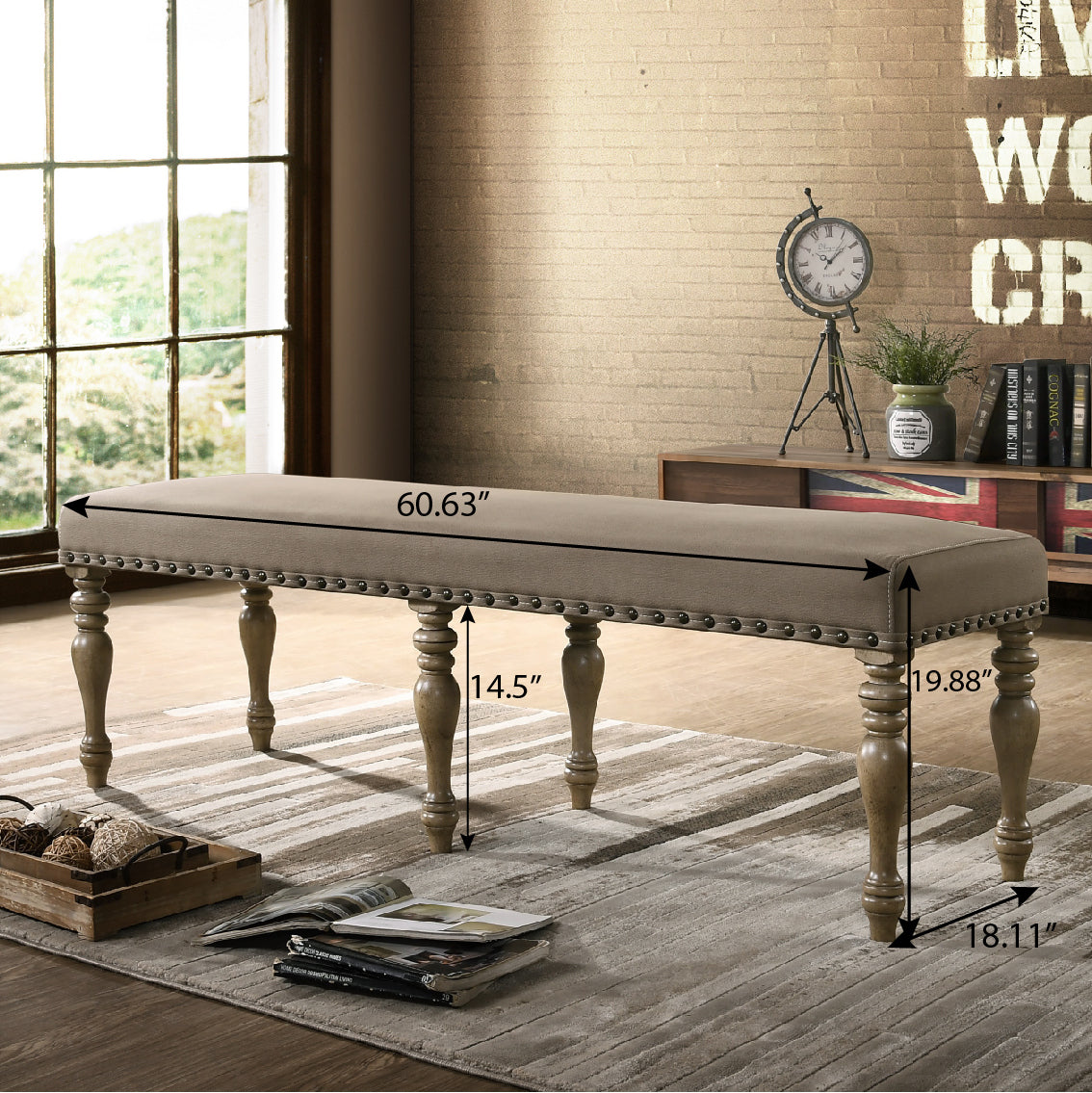 Roundhill Furniture Birmingham Microfiber Upholstered Bench with Nail Head Trim in Driftwood Finish - Stylish Entryway, Bedroom, or Living Room Seating