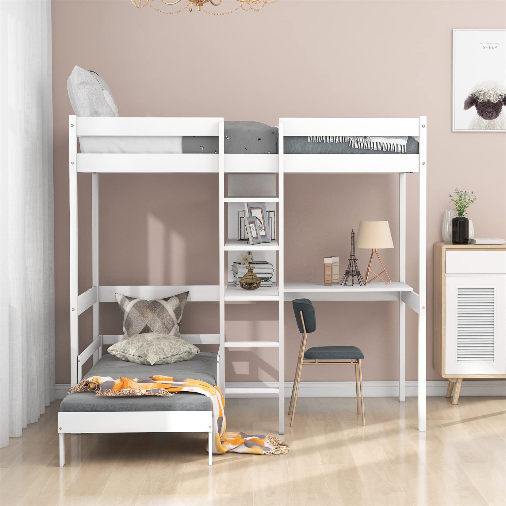 Convertible Twin Loft Bed with Desk, Shelves & Storage - White Wood Bunk Bed Frame for Kids, Teens, Boys & Girls - Perfect for Small Rooms & Dorm Spaces with Free Seat Cushion Included