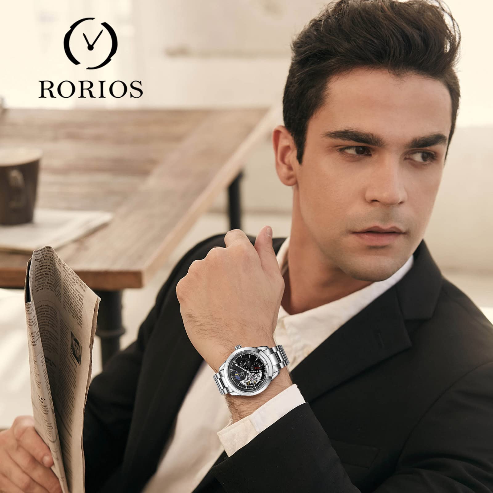 RORIOS Men's Automatic Mechanical Watch with Luminous Hands & Moon Phase - Stainless Steel Strap - Waterproof Dress Watch for Business, Formal & Casual Wear