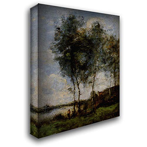 Jean Baptiste Camille Corot 'Pecheur Au Bord De La Riviere' 20x24 Inch Hand-Painted Canvas Wall Art - Stretched Gallery Wrap Ready to Hang - Perfect for Living Room, Bedroom or Office Decor