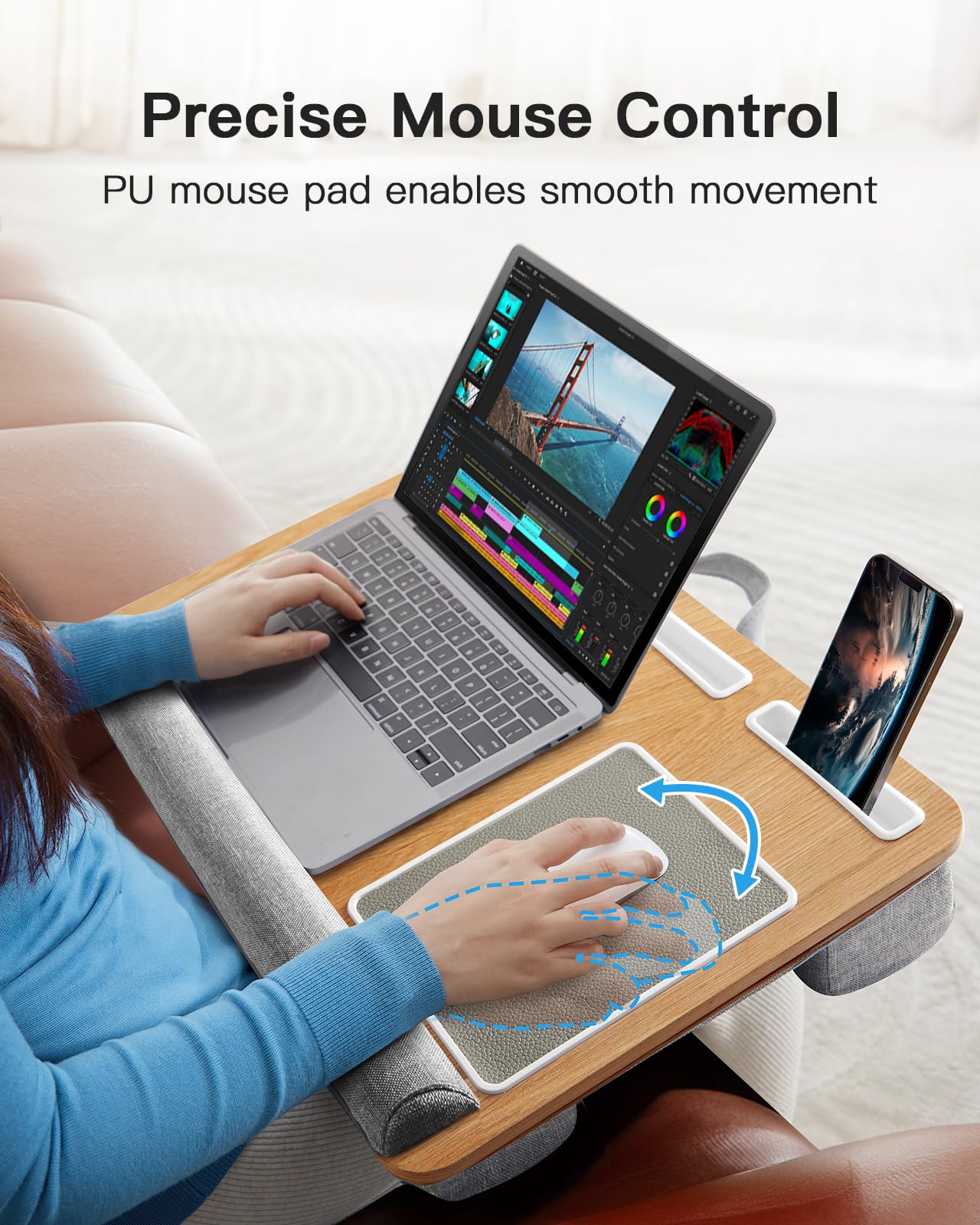 HUANUO Adjustable Lap Desk for Laptop - 17 Inch Portable Laptop Stand with Built-in Mouse Pad, Wrist Rest & Tablet/Phone Holder - Wood Grain Design for Home Office, Bed, Couch & Travel Use