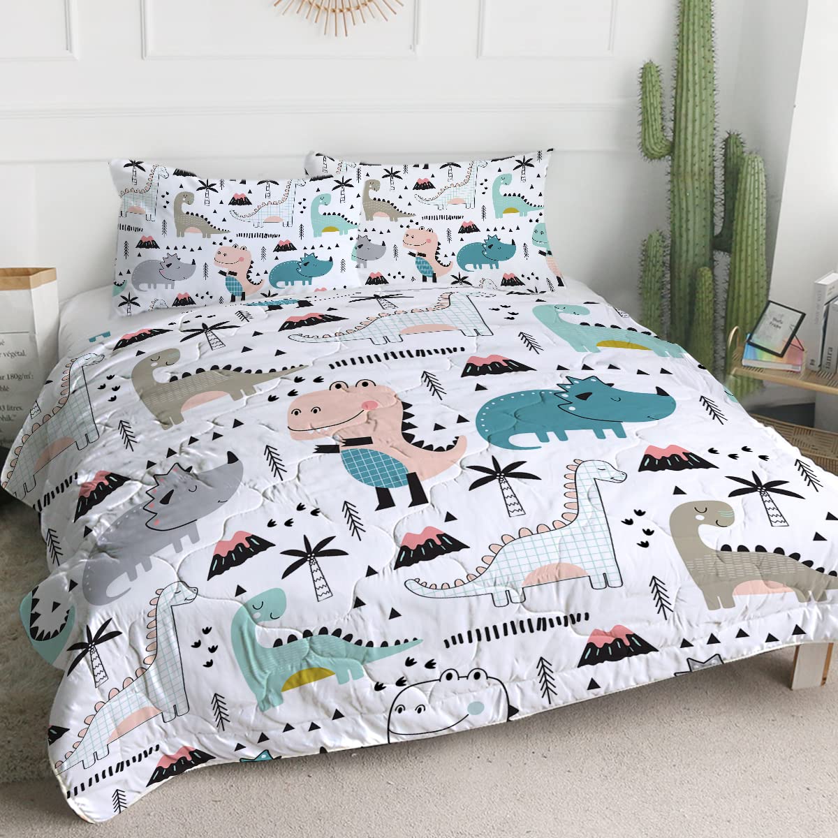 ARIGHTEX Dinosaur Comforter Set Full Size - Cute Dino Themed Bedding for Boys & Girls - 3 Piece Quilt Set with 2 Pillow Shams (Blue & Pink) - Perfect for Kids' Bedroom, Teen Room Decor & Dinosaur Lovers
