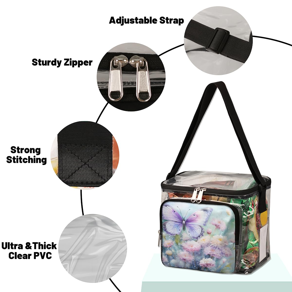 GzLeyigou Transparent Butterfly Floral Tote Bag - Clear Crossbody Shoulder Purse with Handles for Women | Perfect for Outdoor Travel, Picnic, Concert, Sports Events & Stadium Approved | Lunch Bag, Beach Essentials Carrier & Festival Accessory