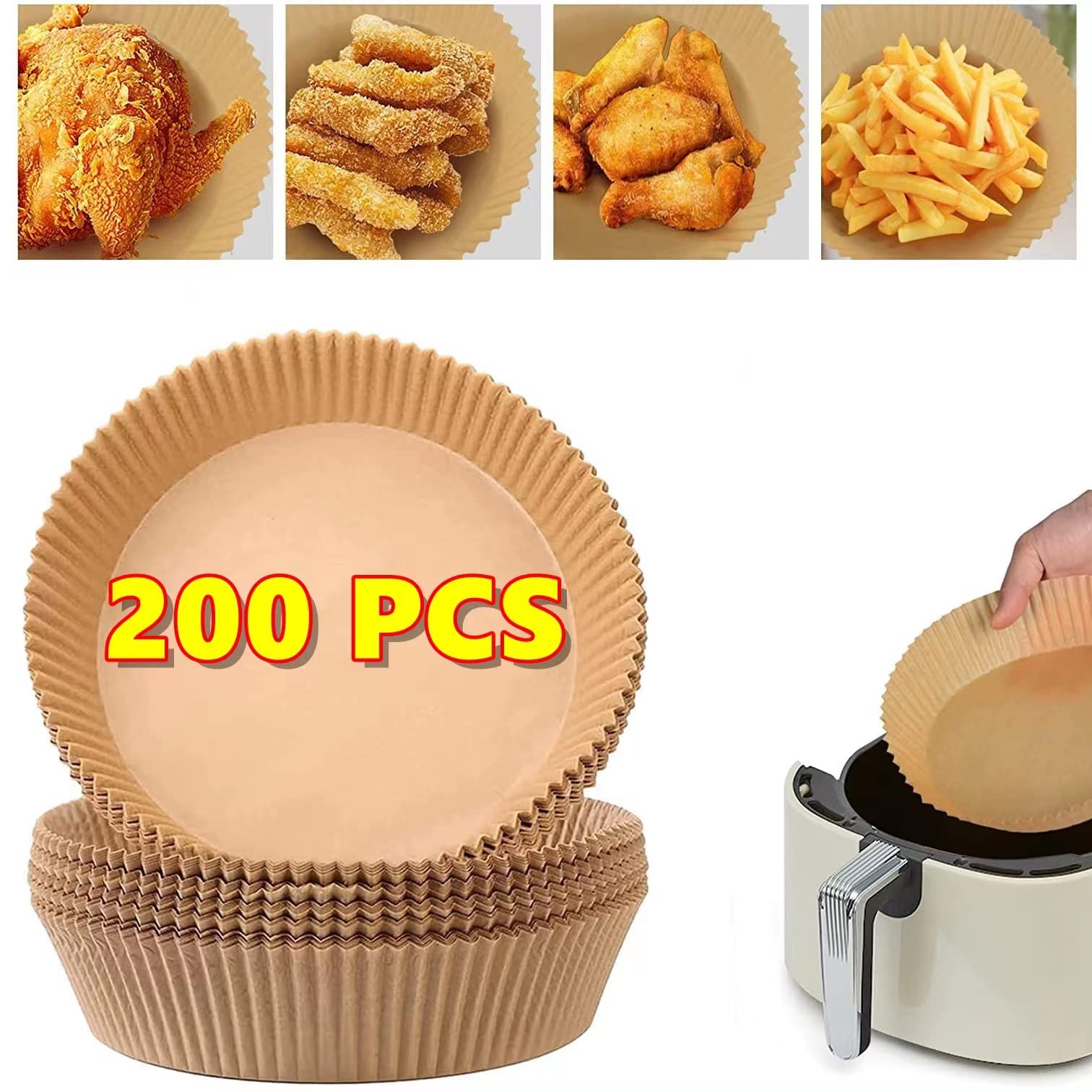 UHOUSE 200PCS 6.3 Inch Air Fryer Disposable Paper Liners - Non-Stick, Food Grade Parchment Baking Sheets for Air Fryer, Oven, Microwave - Perfect for Roasting, Baking & Reheating Food